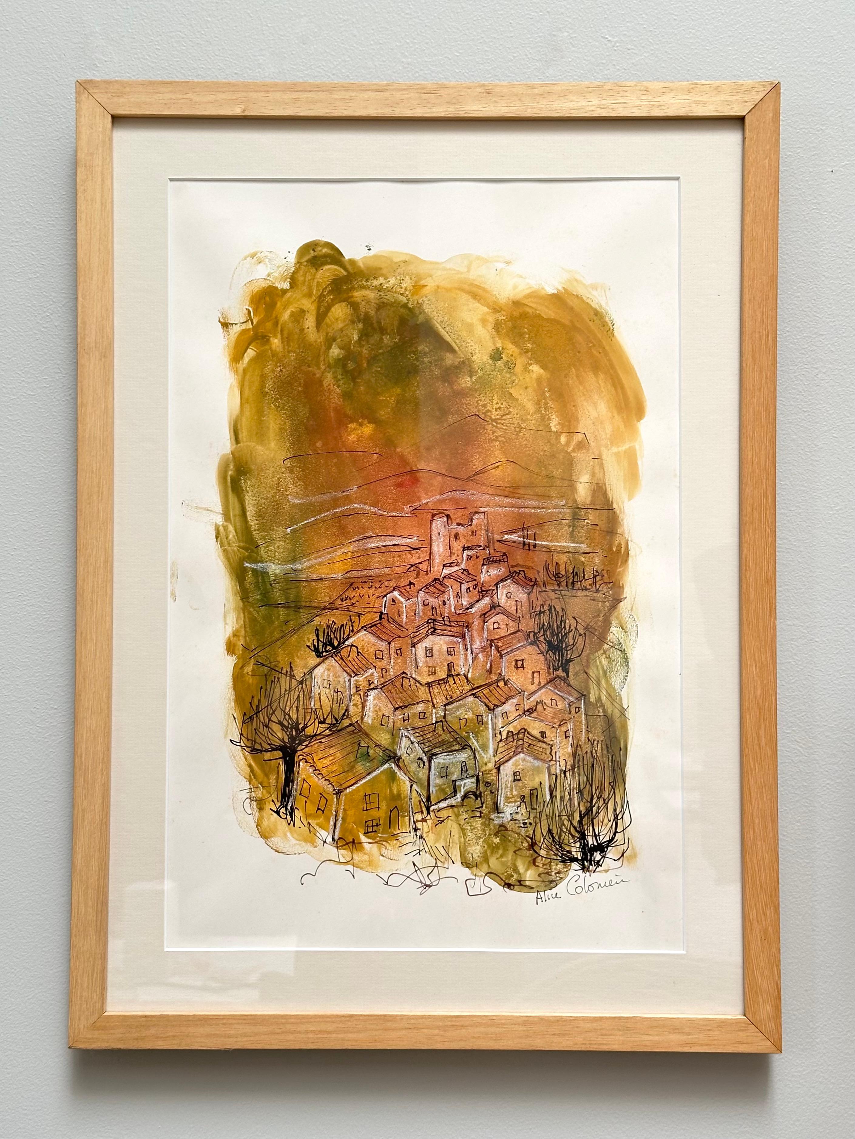 Polychromé Dessin original, Vues de la Drôme provençale, Alice Colonieu, Roaix c. 1960 en vente