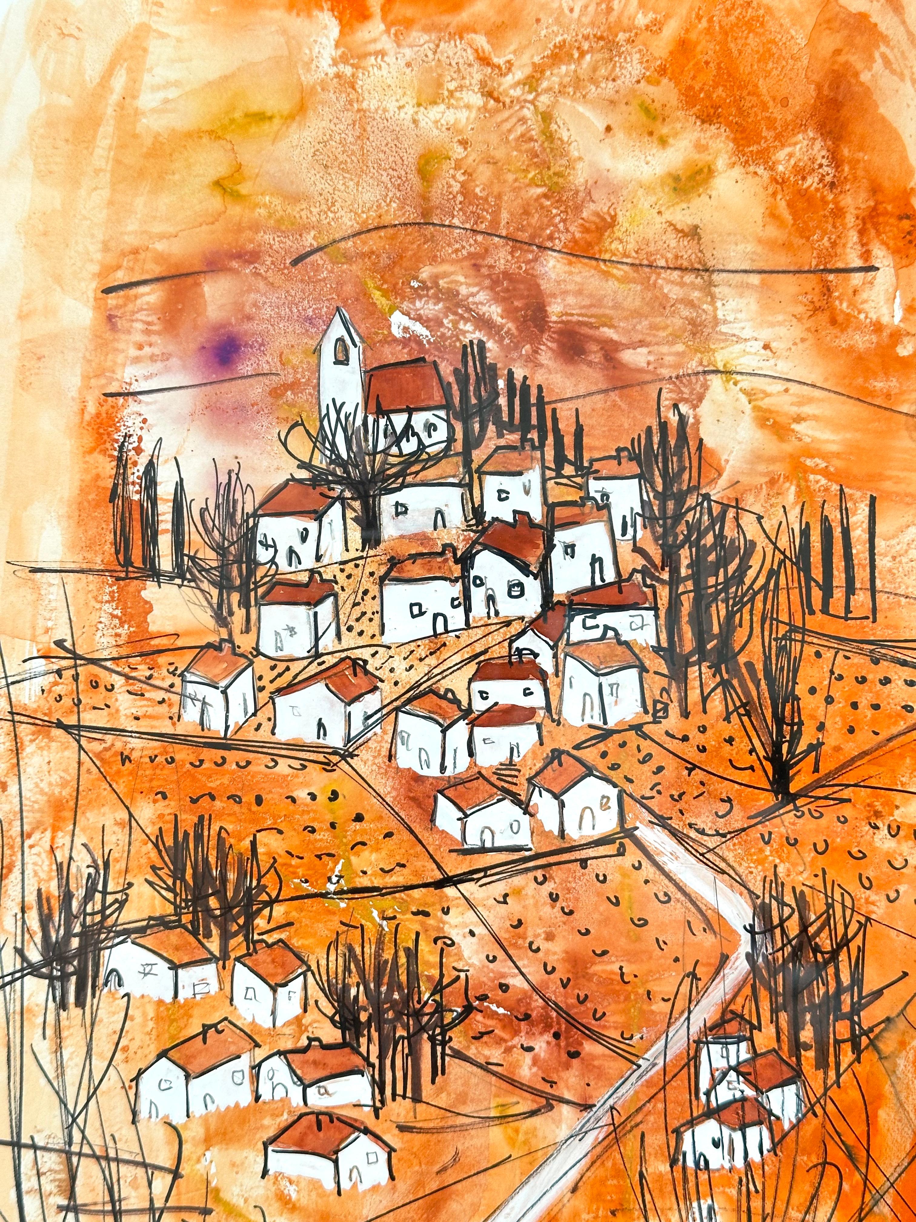 Dibujo original, Vistas del Drome provenzal, Alice Colonieu, Roaix c. 1960 en Bueno estado para la venta en St Ouen, FR