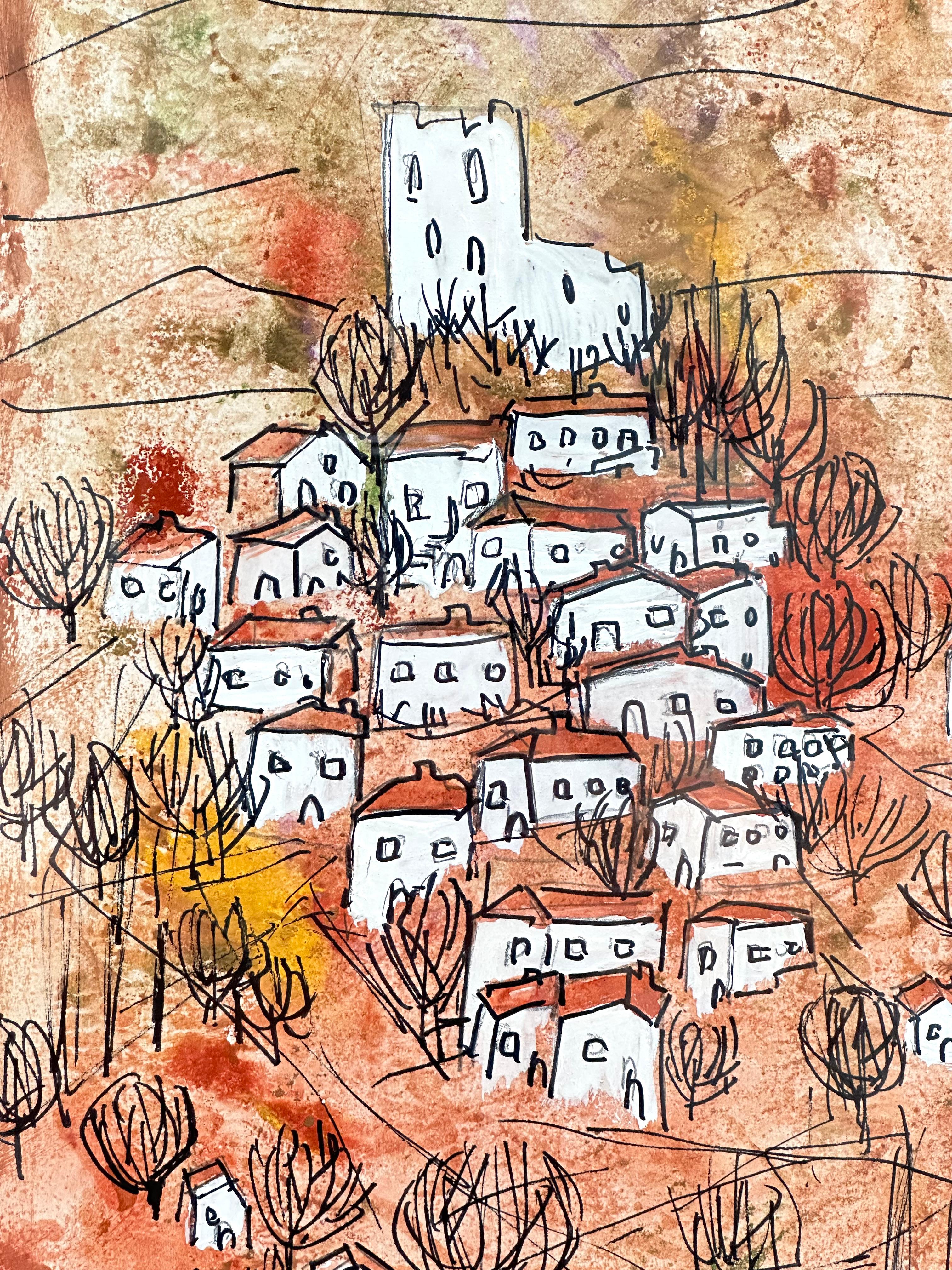 Dessin original, Vues de la Drôme provençale, Alice Colonieu, Roaix c. 1960 Bon état - En vente à St Ouen, FR