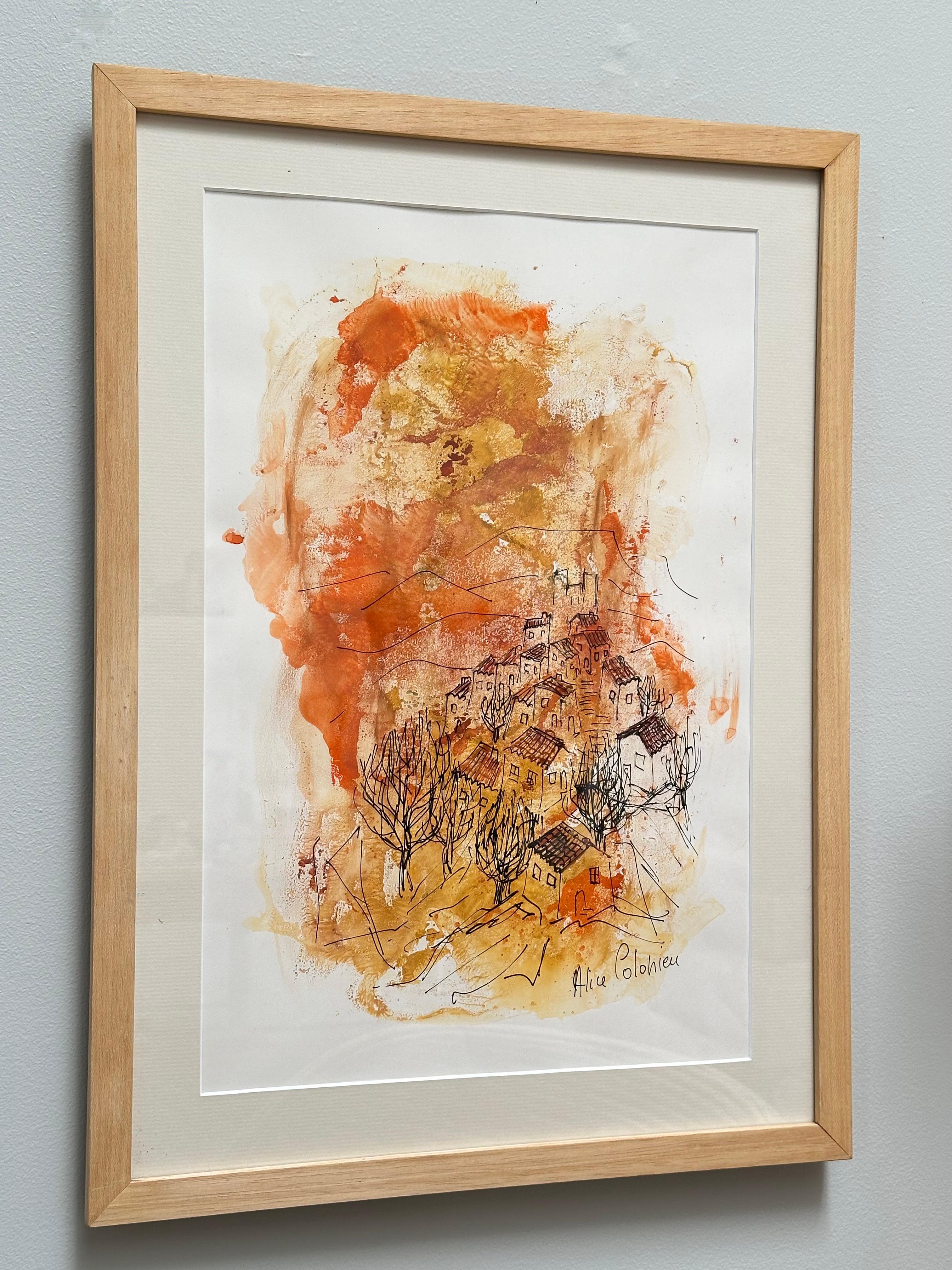 Dessin original, Vues de la Drôme provençale, Alice Colonieu, Roaix c. 1960 Bon état - En vente à St Ouen, FR