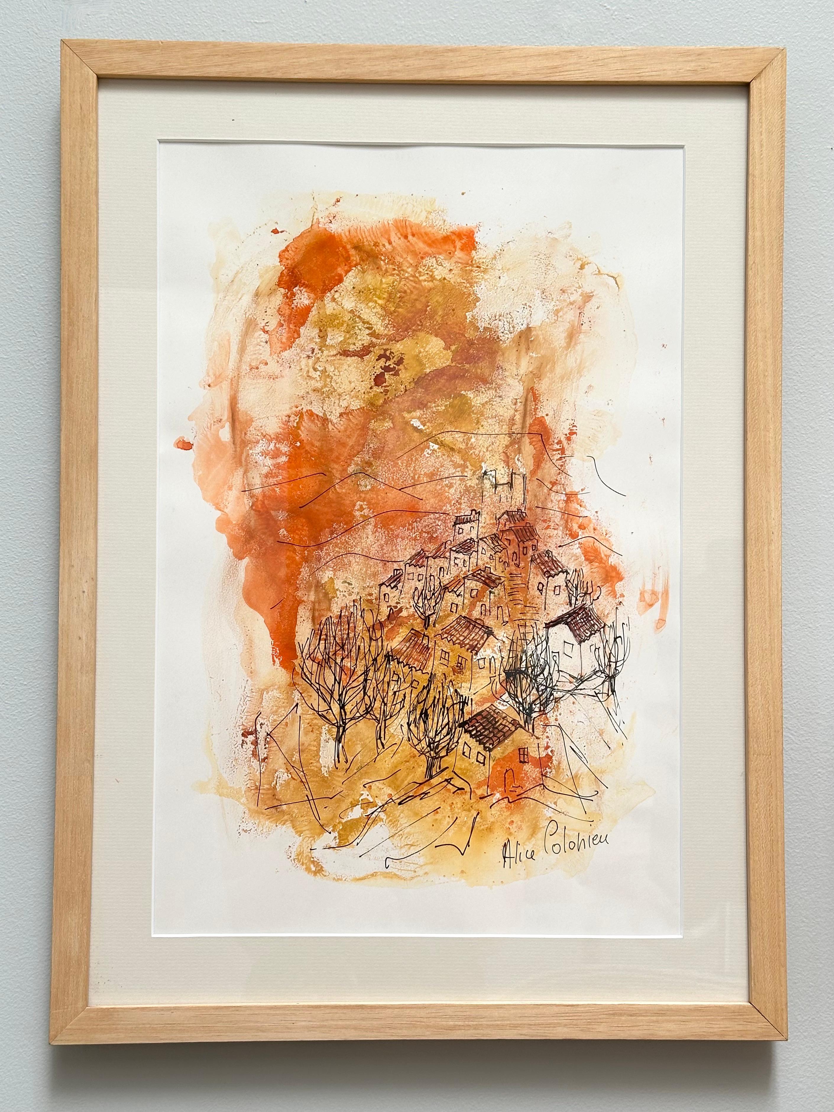 Milieu du XXe siècle Dessin original, Vues de la Drôme provençale, Alice Colonieu, Roaix c. 1960 en vente