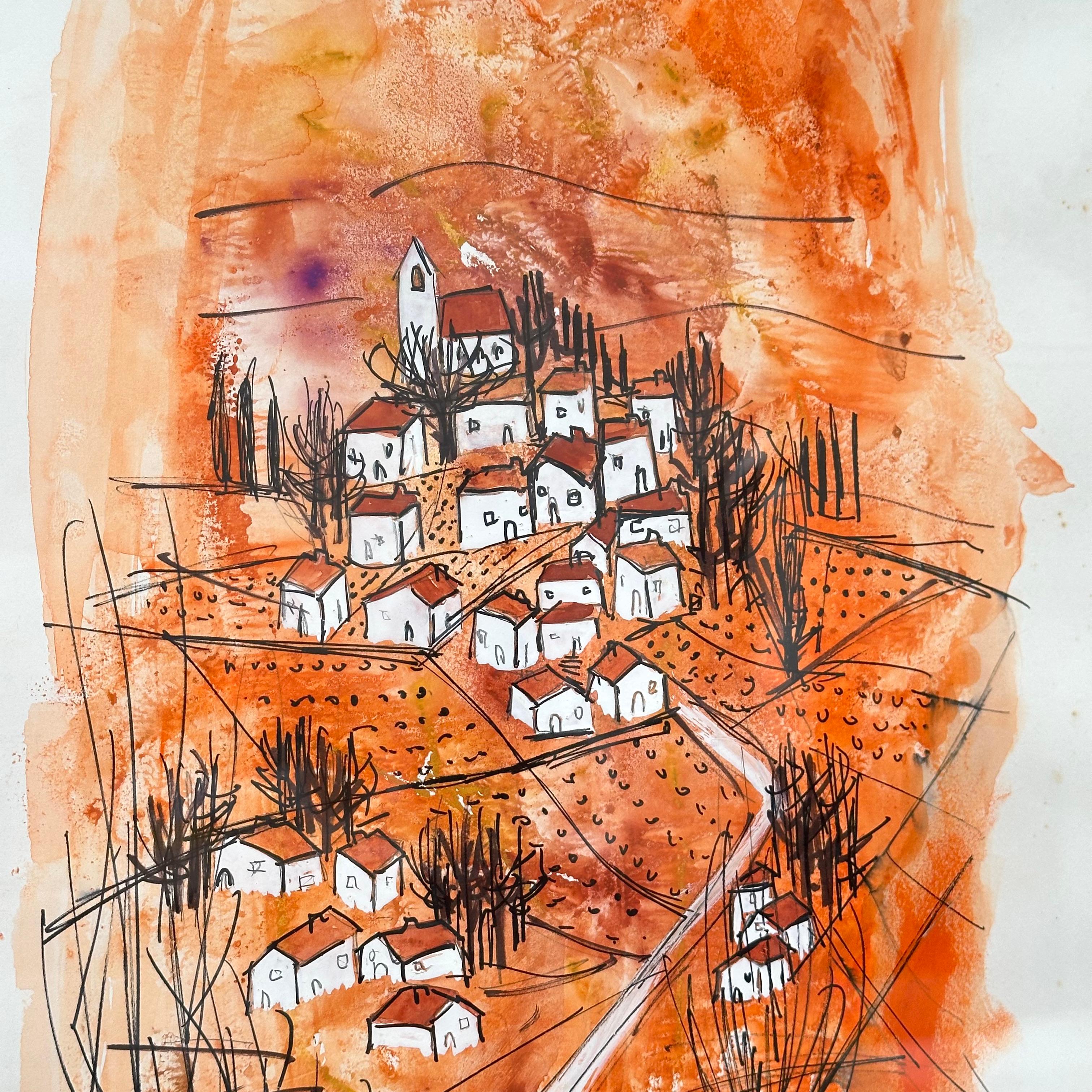 Dibujo original, Vistas del Drome provenzal, Alice Colonieu, Roaix c. 1960 Pintura en venta