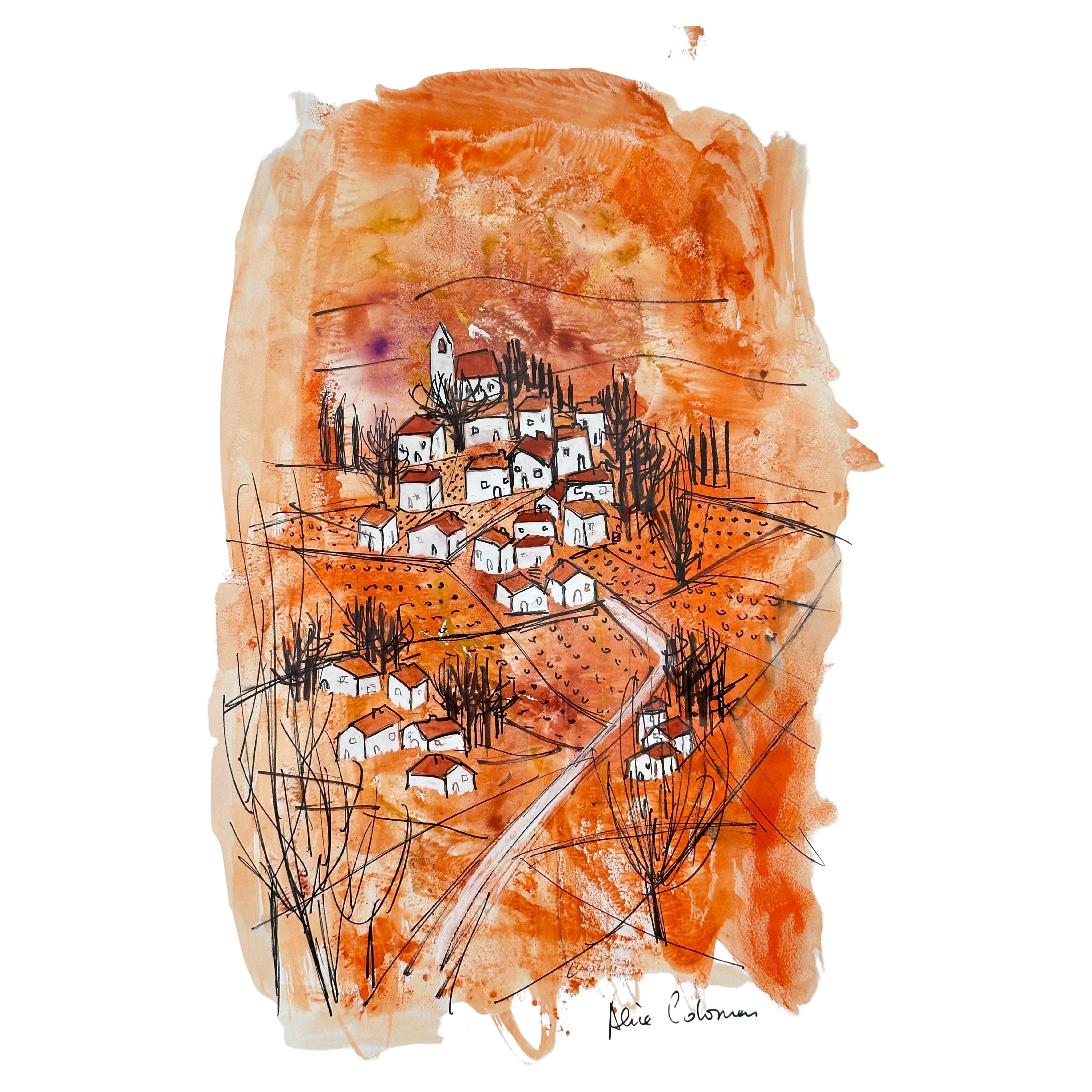 Dessin original, Vues de la Drôme provençale, Alice Colonieu, Roaix c. 1960