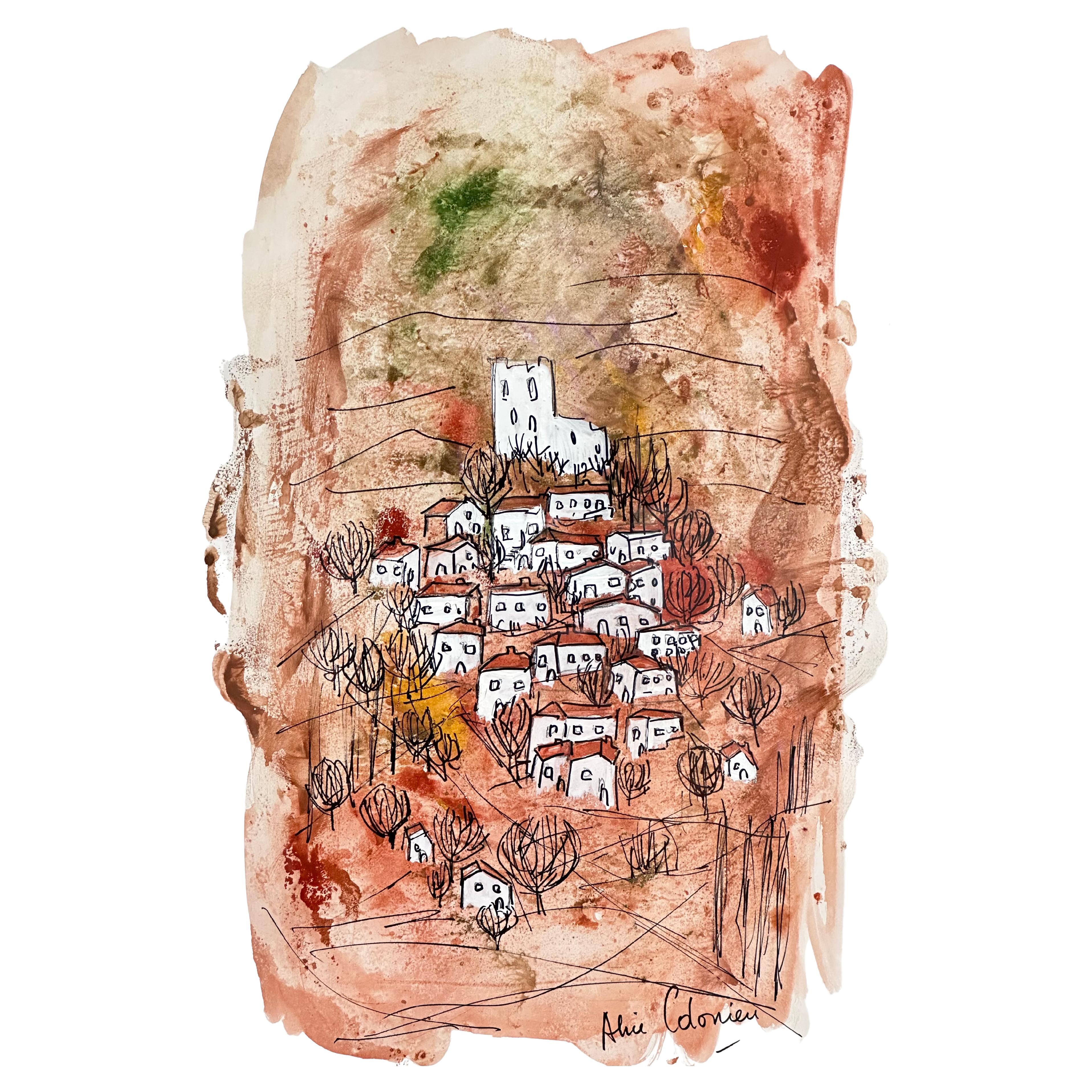 Dessin original, Vues de la Drôme provençale, Alice Colonieu, Roaix c. 1960 en vente