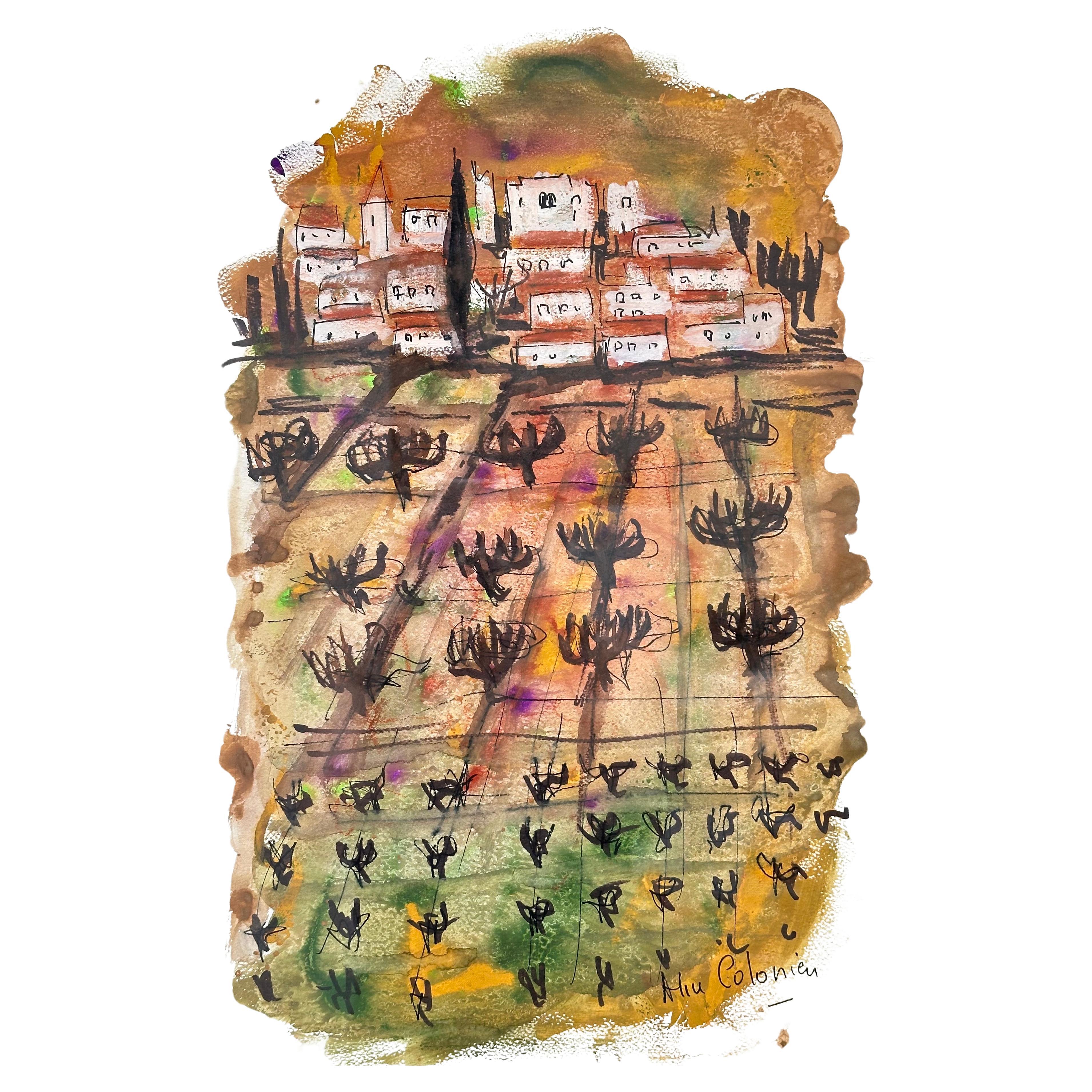 Dessin original, Vues de la Drôme provençale, Alice Colonieu, Roaix c. 1960