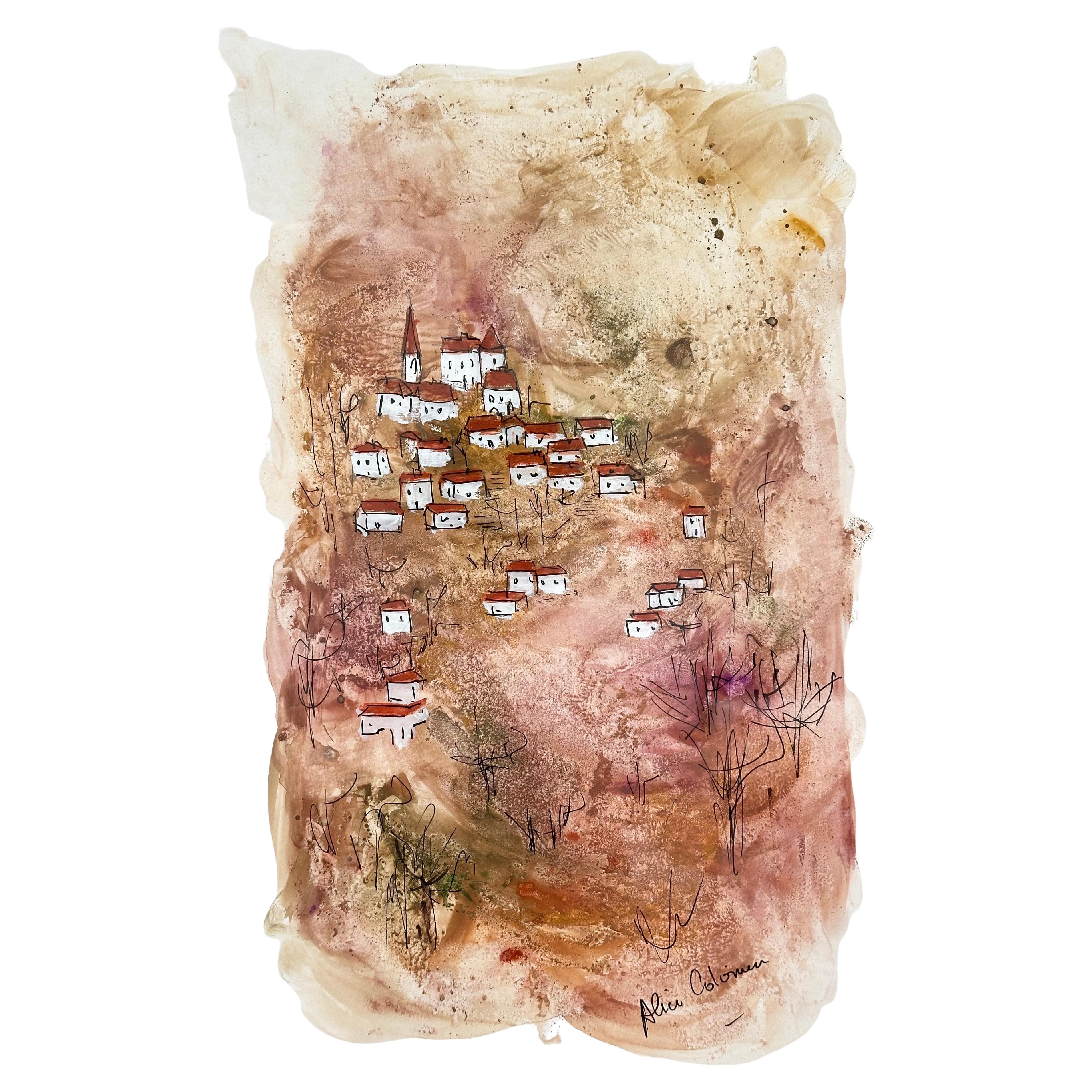 Dessin original, Vues de la Drôme provençale, Alice Colonieu, Roaix c. 1960