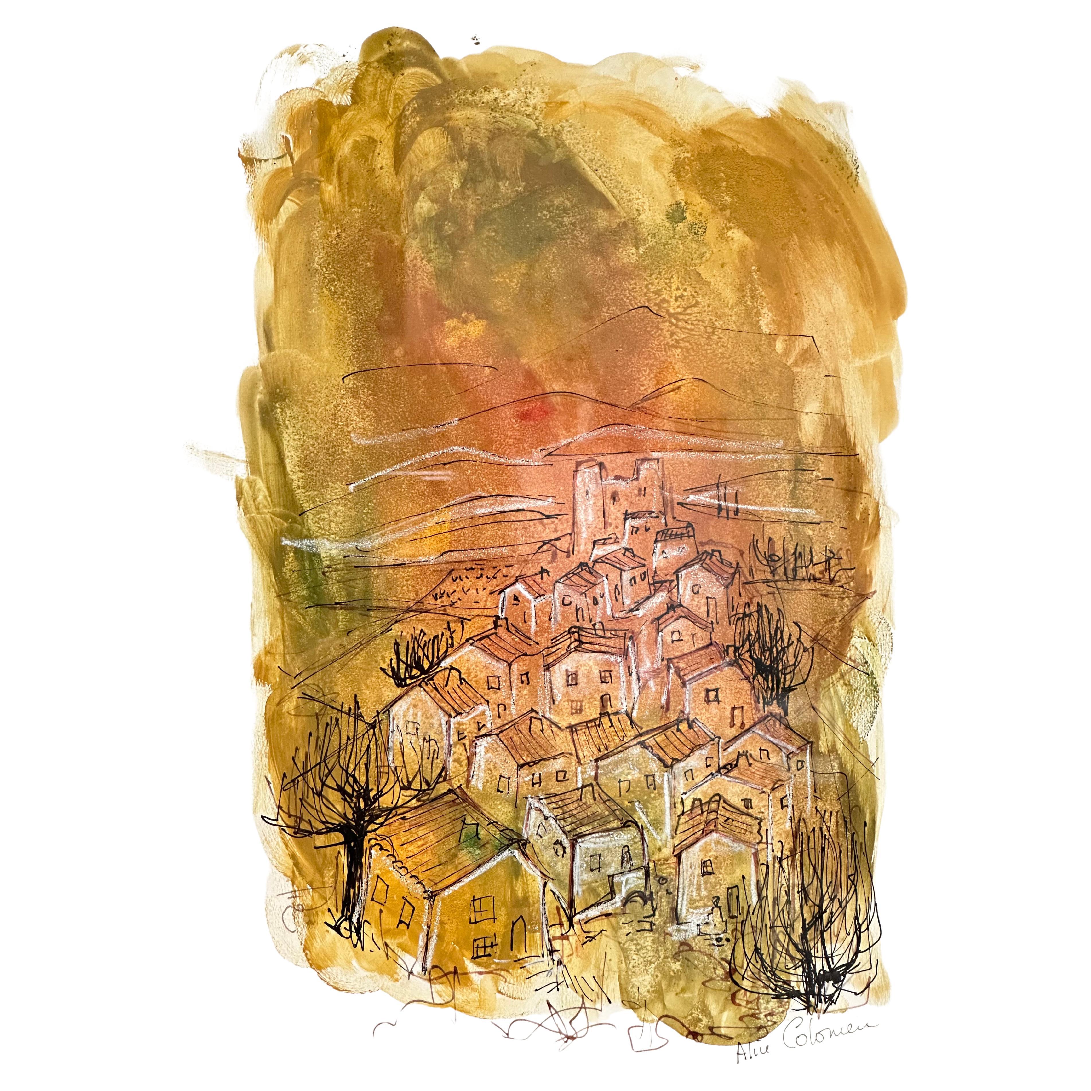 Dessin original, Vues de la Drôme provençale, Alice Colonieu, Roaix c. 1960