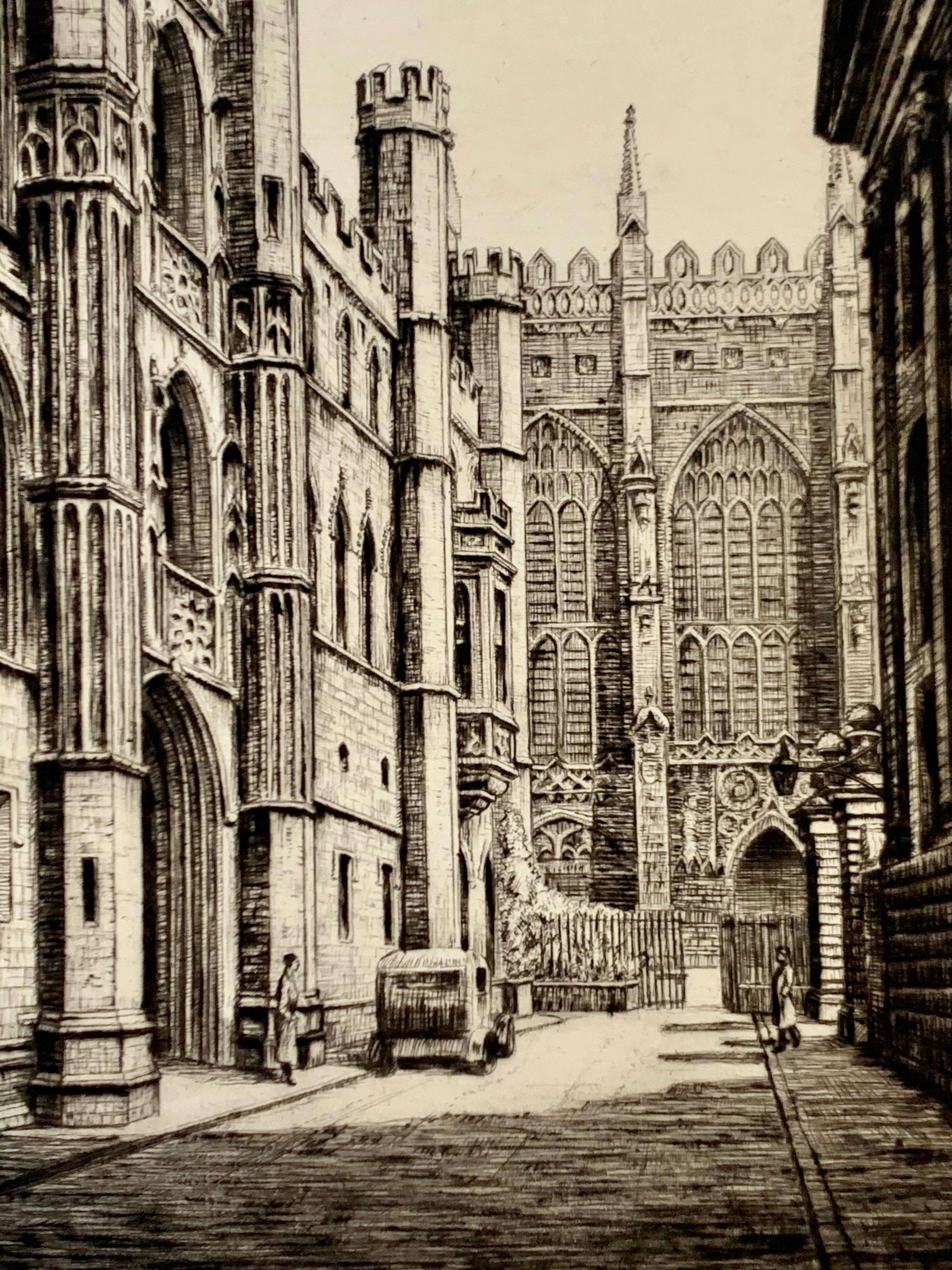 George III Original Drypoint Etching by Harold Thornton Kings College Cambridge Old Gateway For Sale
