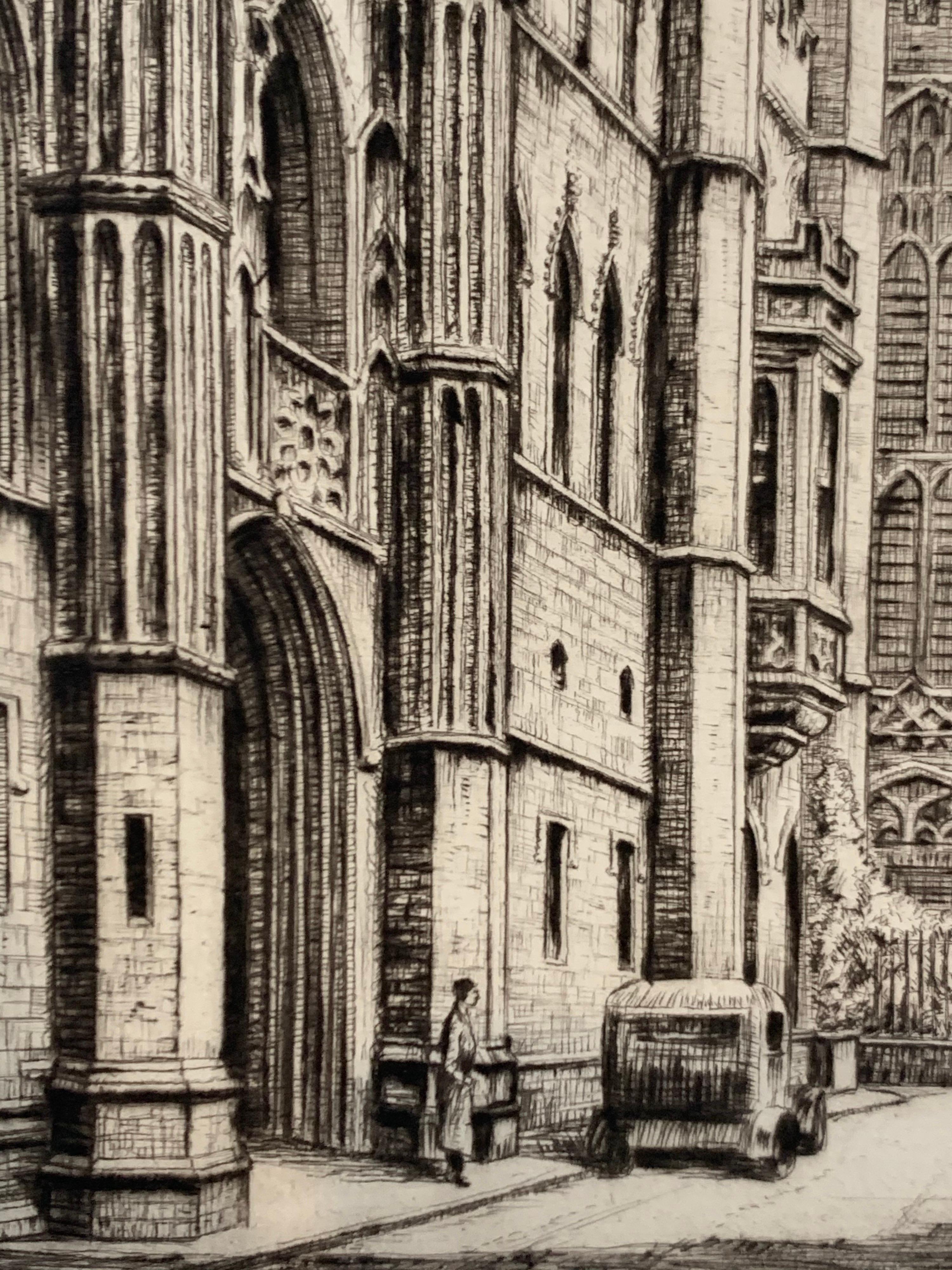 Paper Original Drypoint Etching by Harold Thornton Kings College Cambridge Old Gateway For Sale