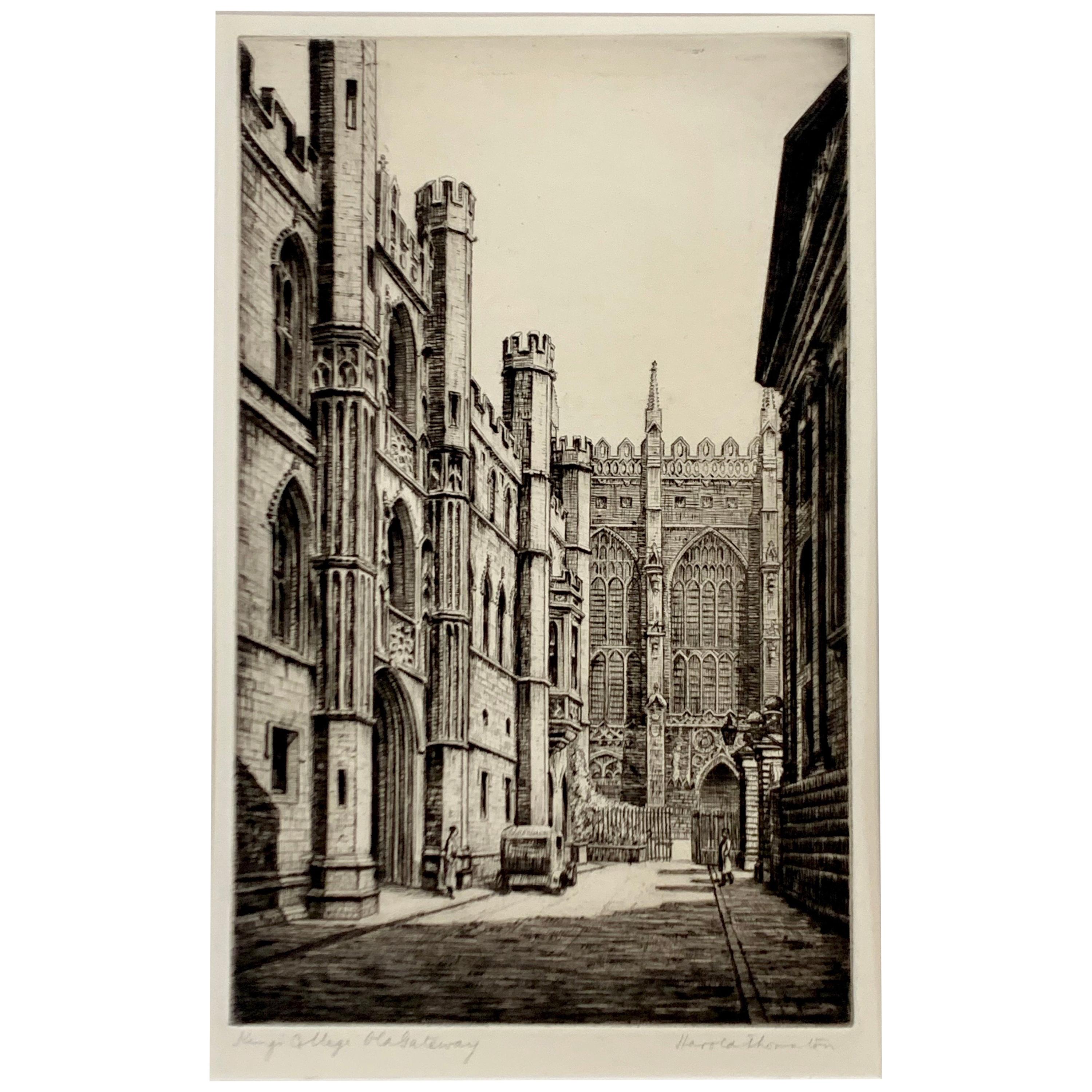 Original Drypoint Etching by Harold Thornton Kings College Cambridge Old Gateway For Sale