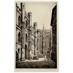 Original Drypoint Etching by Harold Thornton Kings College Cambridge Old Gateway
