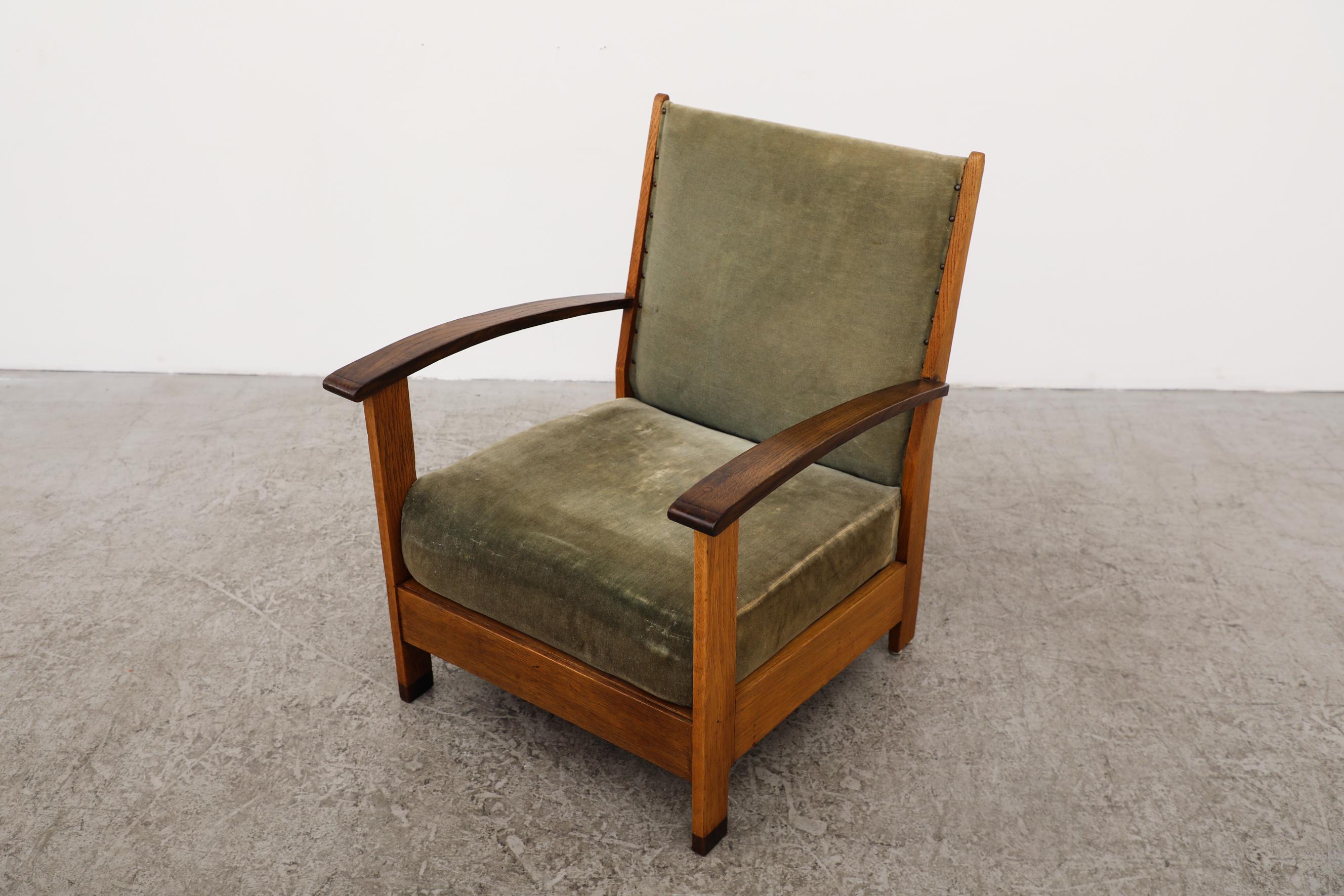 Original Dutch Art Deco Oak Lounge Chair w/ Curved Armrests & Green Upholstery For Sale 5