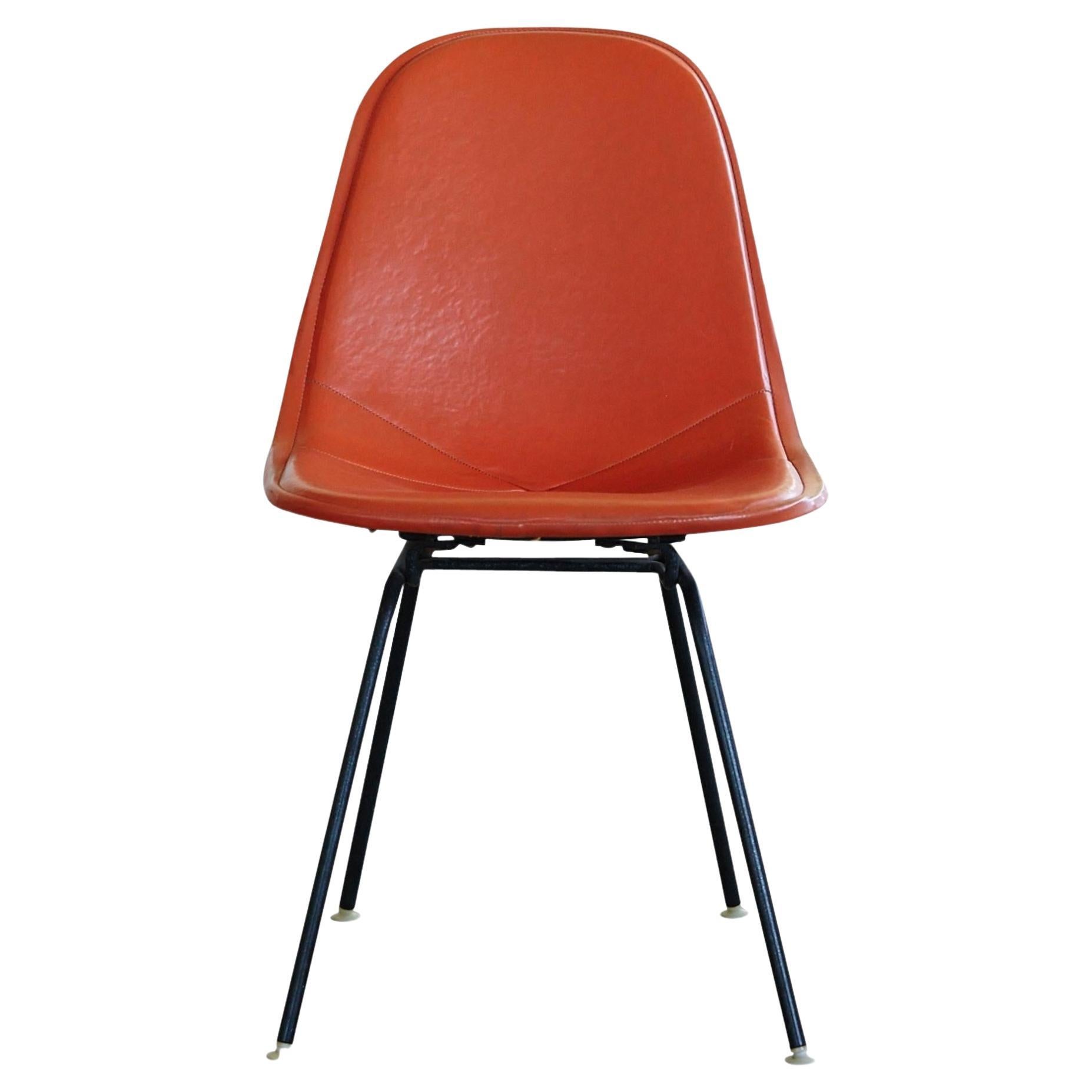 Original Eames DKX-1 Side Chair in Orange Leather for Herman Miller, 1960s For Sale