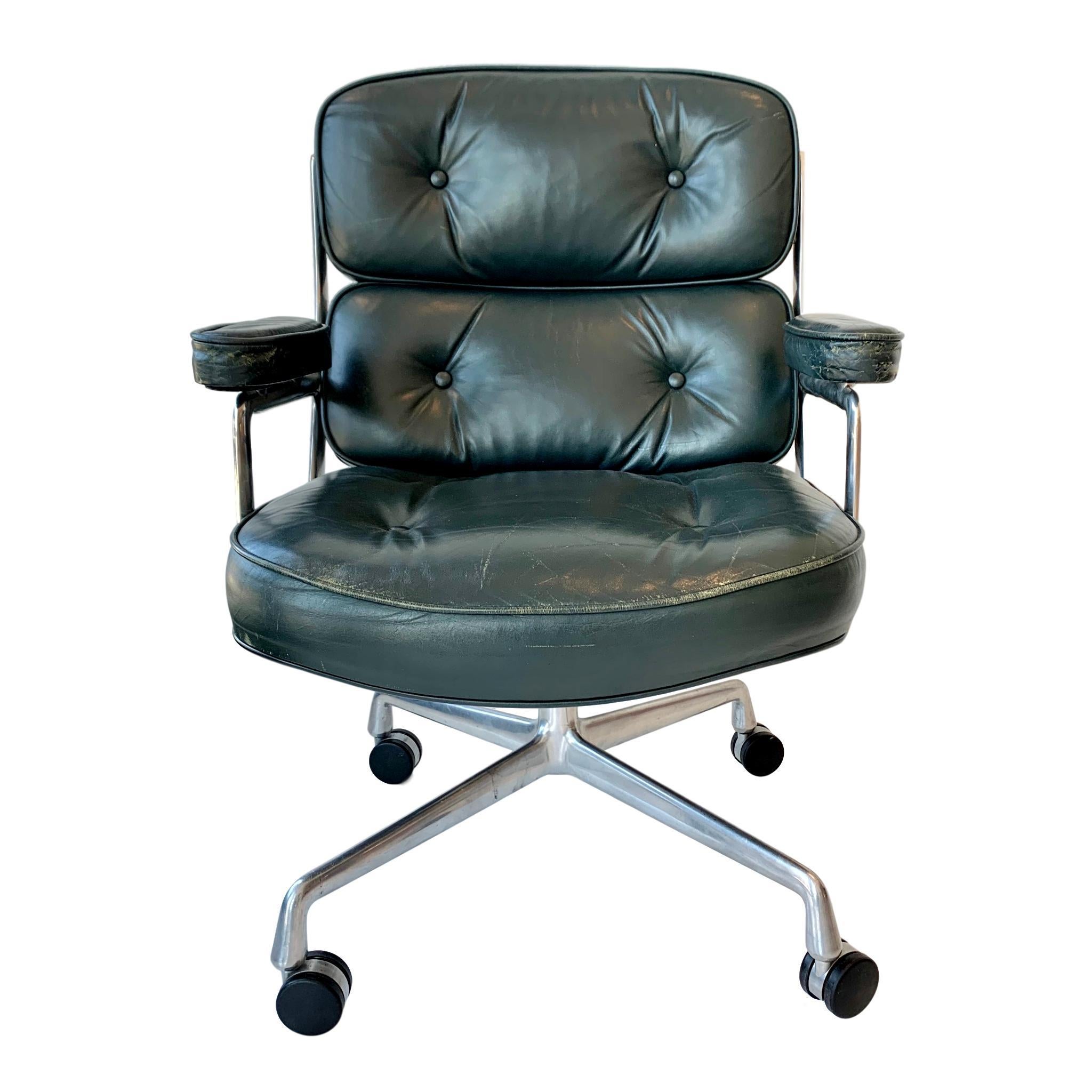 Fantastic set of 6 vintage Eames time life swivel chairs in forest green leather. Rare color. Stamped January 18, 1984 on frame. Nickel frame. Swivels and reclines. Good vintage condition for leather. Height adjustable with tilt back mechanism.