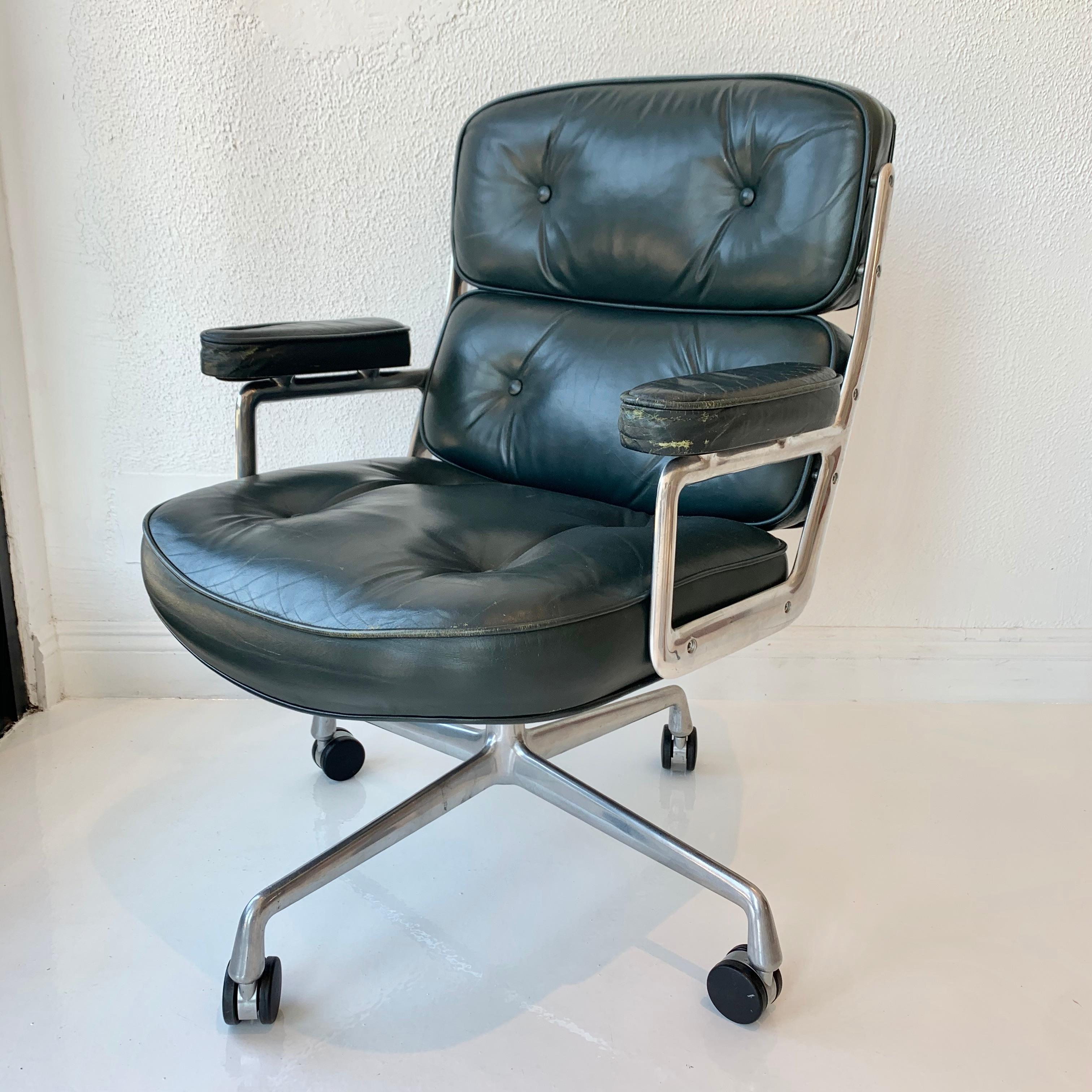 Fantastic set of 6 vintage Eames Time Life swivel chairs in forest green leather. Rare color. Stamped January 18, 1984 on frame. Nickel frame. Swivels and reclines. Great vintage condition to leather. Wear to metal as shown. Height adjustable with
