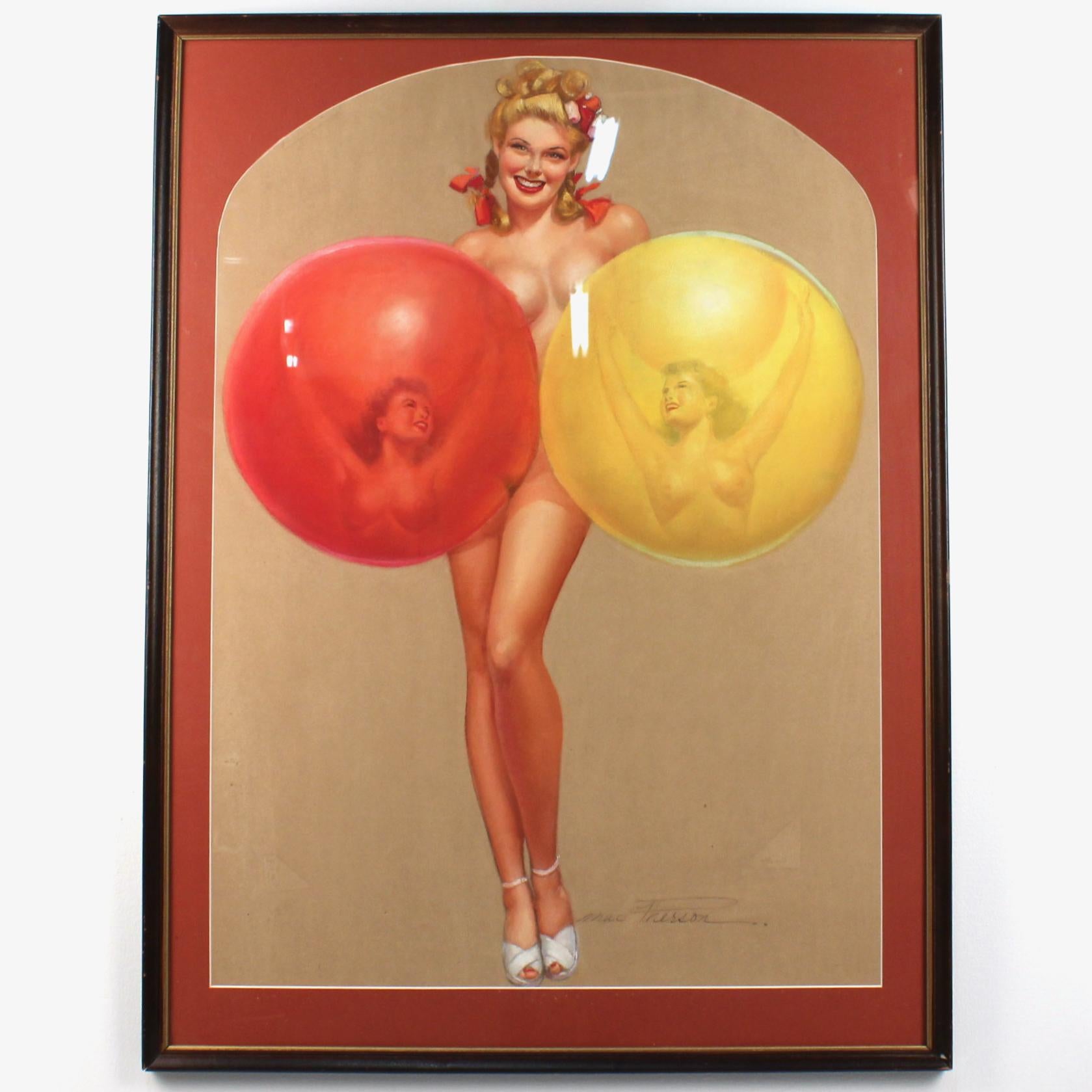 Offered here for your consideration is a vintage original Earl MacPherson pastel painting of a pin-up girl.

Depicting a blond, smiling, nude pin-up girl dressed only with two large balloons and white high heel shoes. The yellow and red balloon
