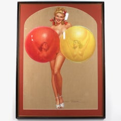 Pintura al pastel original de Earl MacPherson de una Pin-Up Girl con globos, años 40