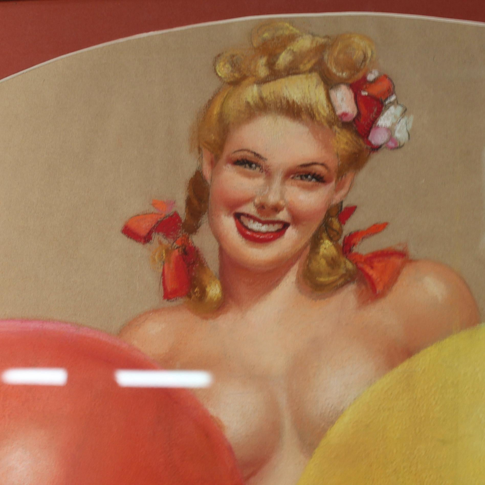 Original Earl MacPherson Pastel Painting of a Pin-Up Girl with Balloons, 1940s In Good Condition For Sale In Philadelphia, PA