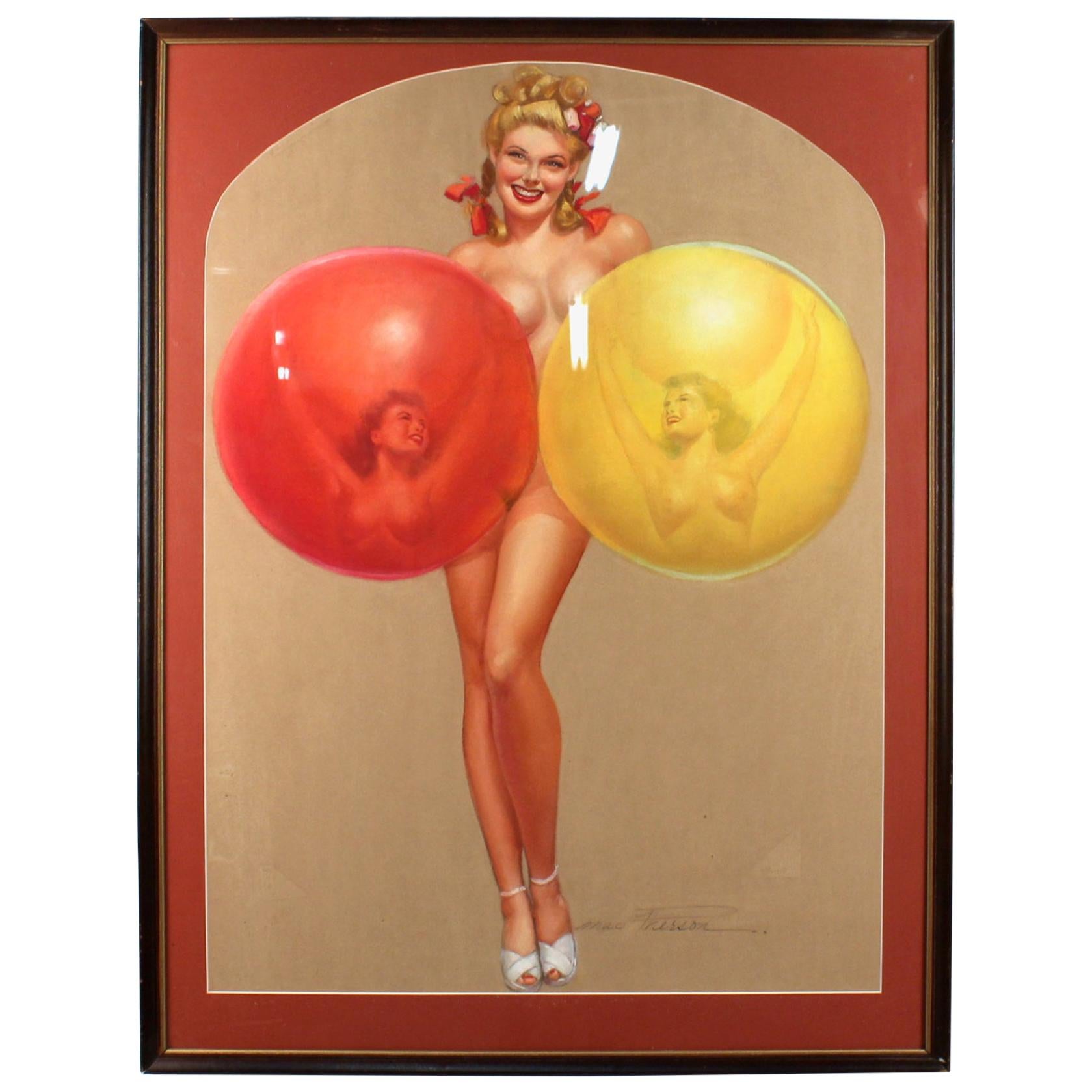 Original Earl MacPherson Pastel Painting of a Pin-Up Girl with Balloons, 1940s