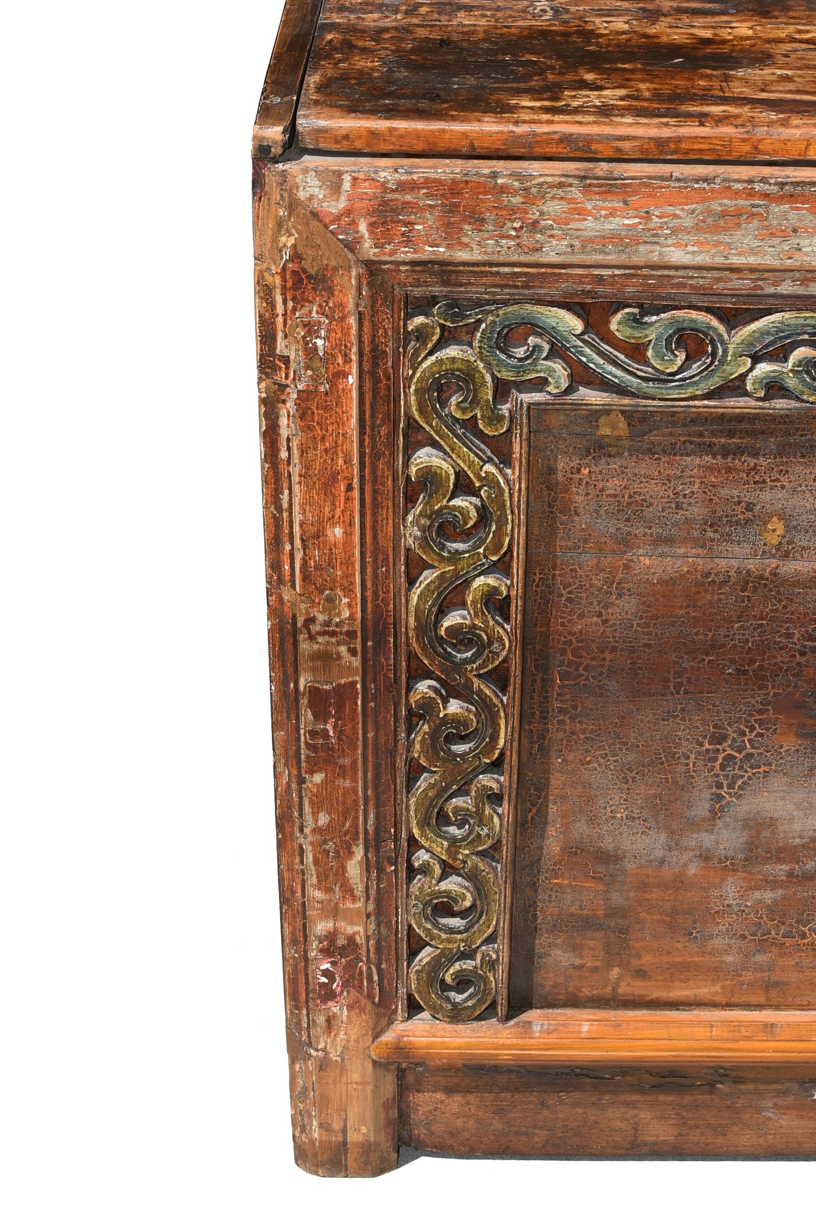 Original Early 19th Century Mongolian Chest with Painted Foo Dogs For Sale 7