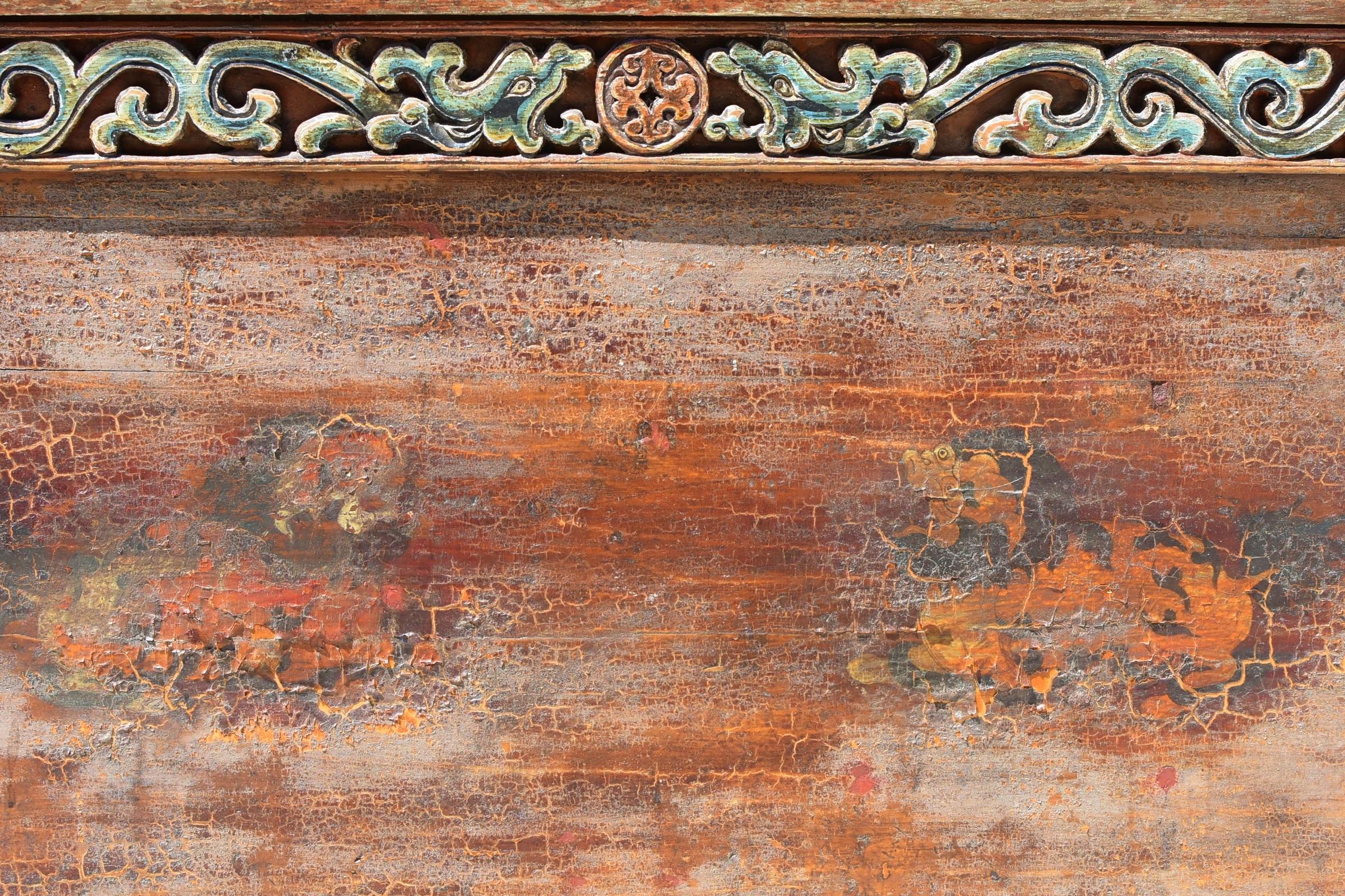 Original Early 19th Century Mongolian Chest with Painted Foo Dogs For Sale 3