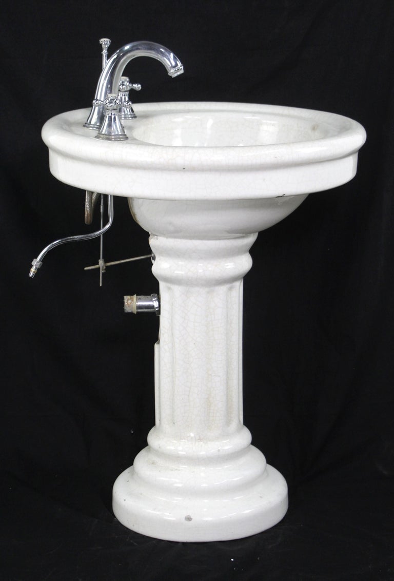 Original Early 20th Century Crackled Oval Ceramic Pedestal Sink For