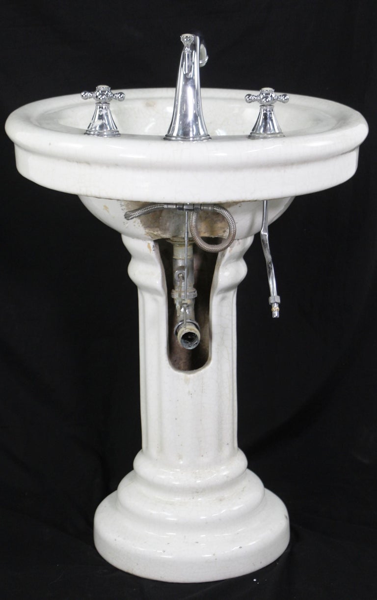 Original Early 20th Century Crackled Oval Ceramic Pedestal Sink For
