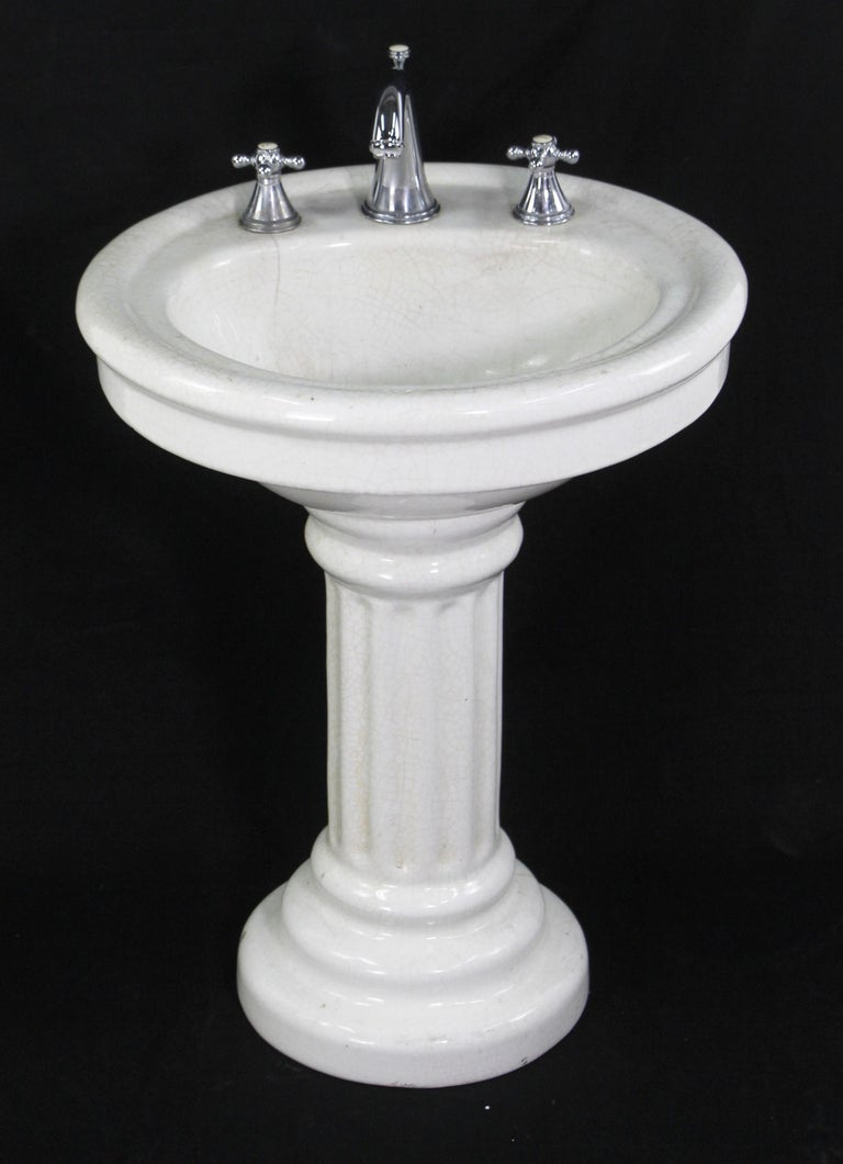 Original Early 20th Century Crackled Oval Ceramic Pedestal Sink For