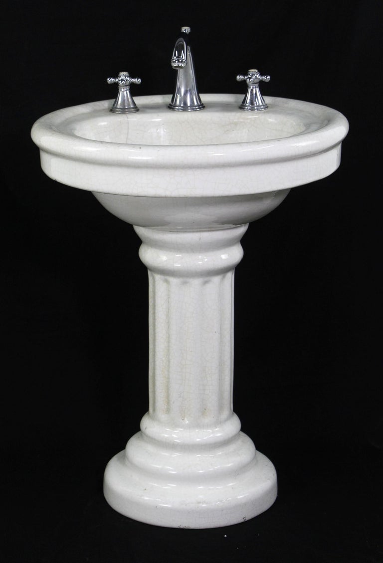 Original Early 20th Century Crackled Oval Ceramic Pedestal Sink For
