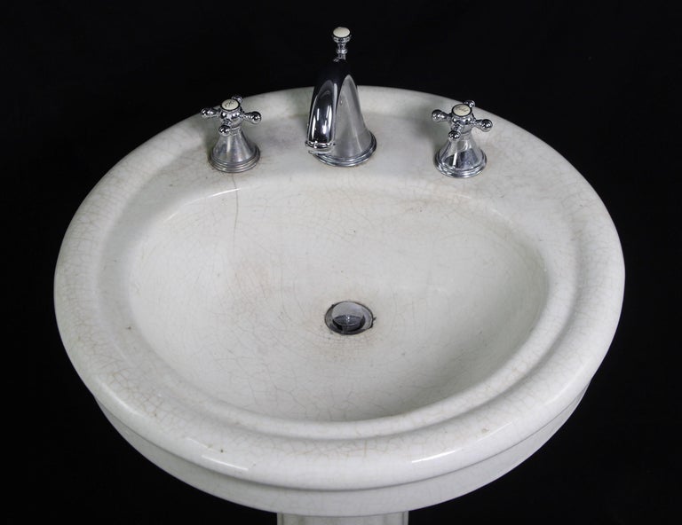 Original Early 20th Century Crackled Oval Ceramic Pedestal Sink For