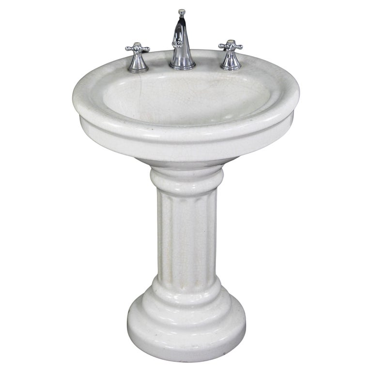 Original Early 20th Century Crackled Oval Ceramic Pedestal Sink For