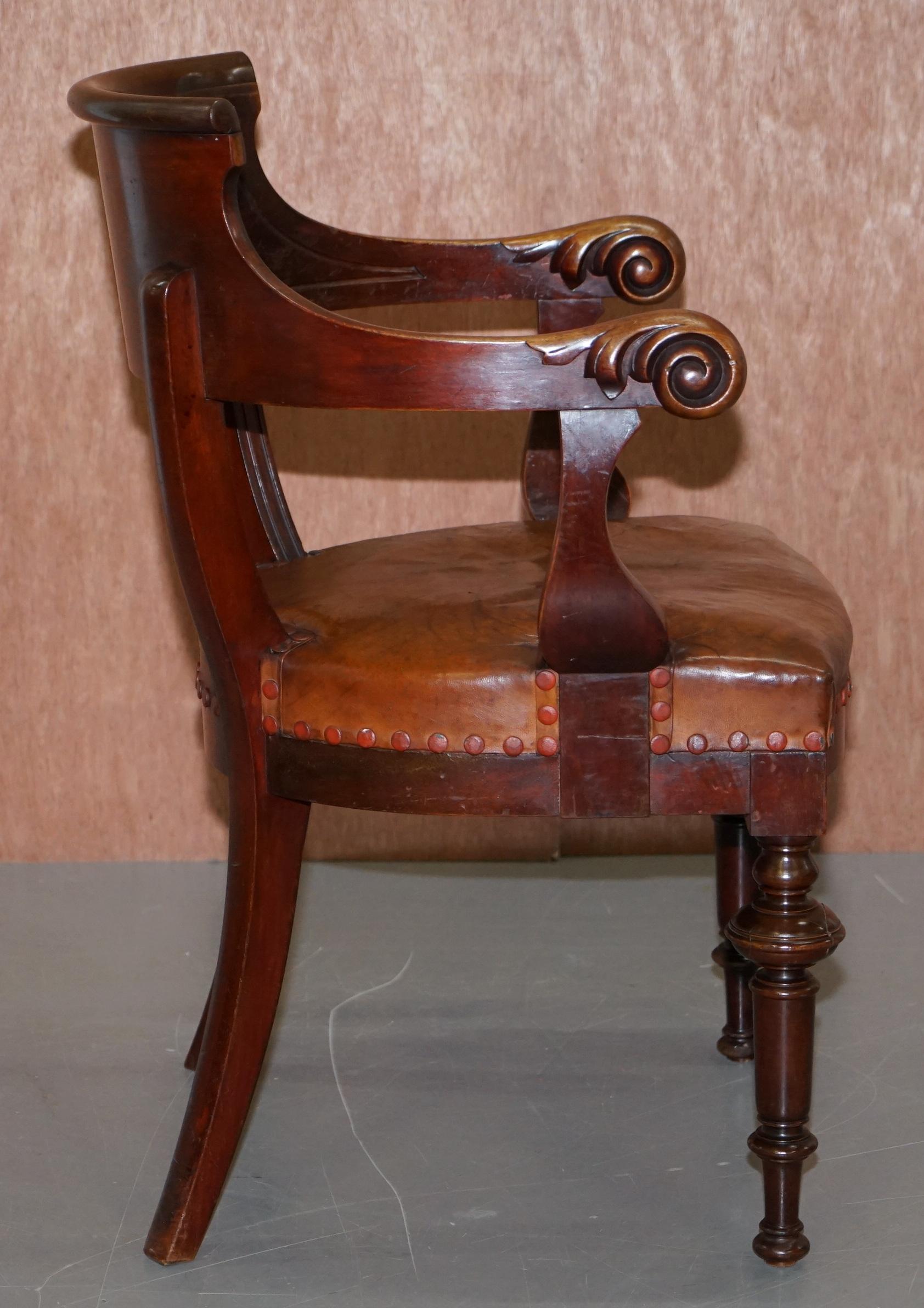Original Early Antique Victorian Mahogany Brown Leather Captains Desk Chair 1