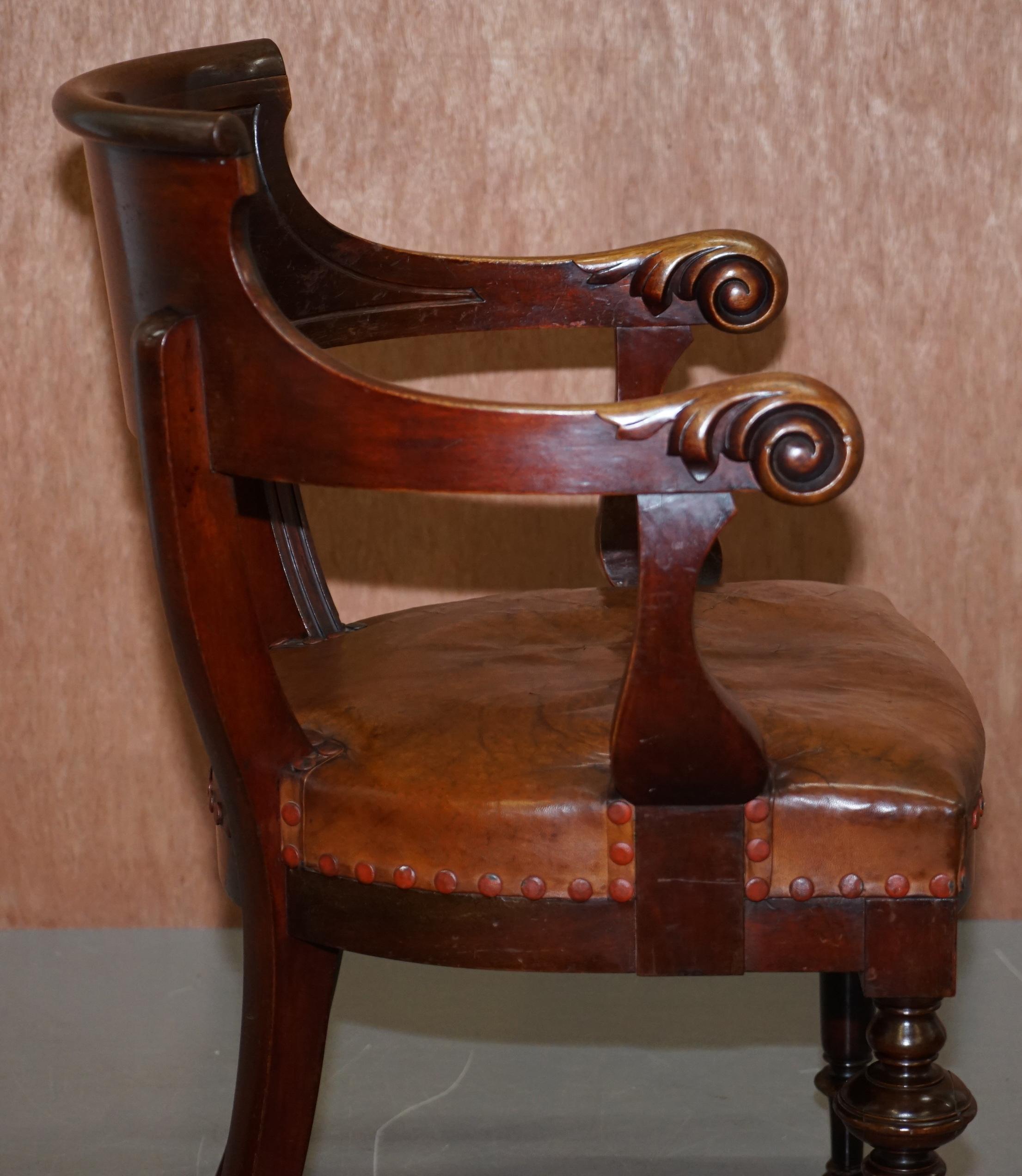 Original Early Antique Victorian Mahogany Brown Leather Captains Desk Chair 2
