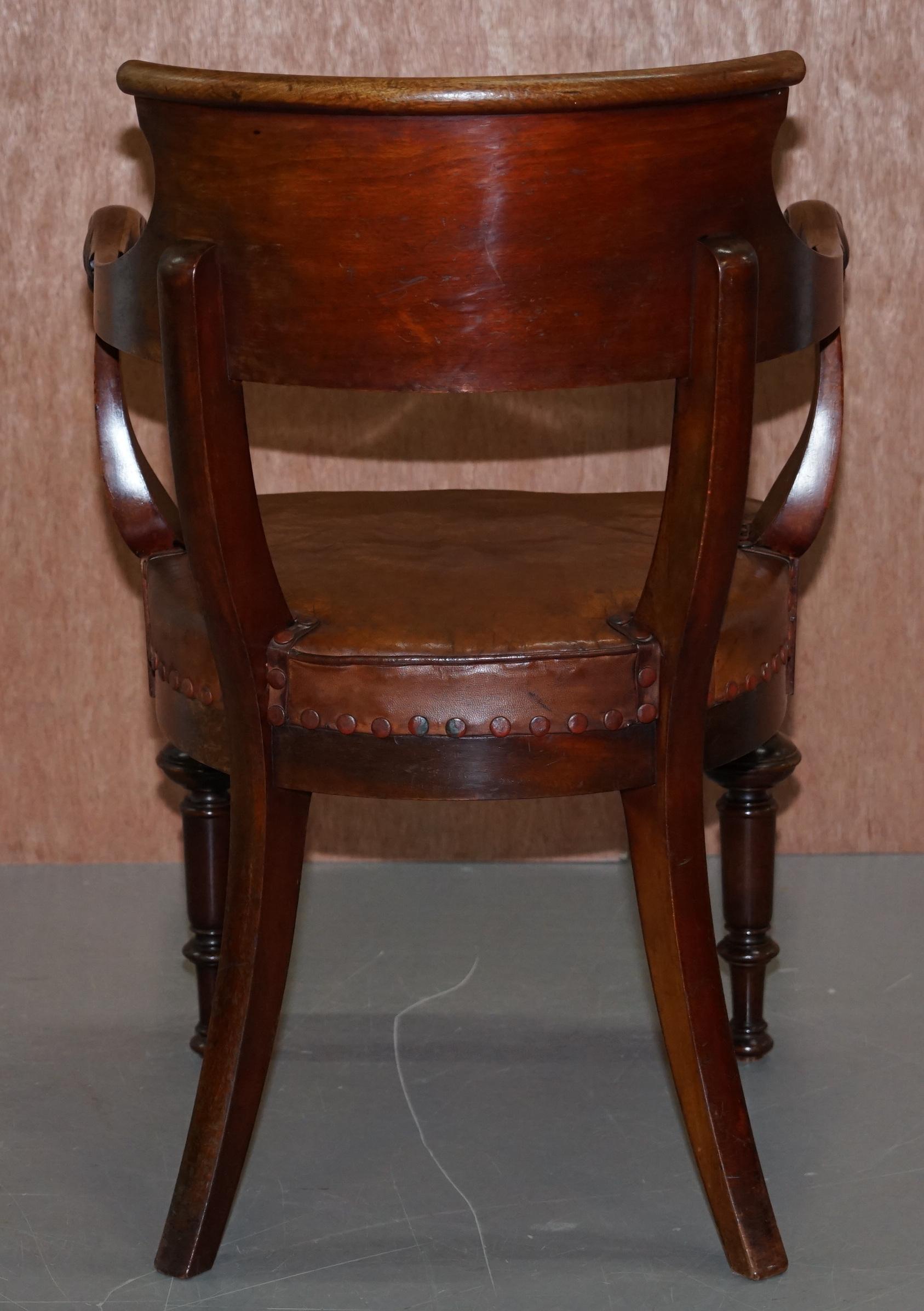 Original Early Antique Victorian Mahogany Brown Leather Captains Desk Chair 4