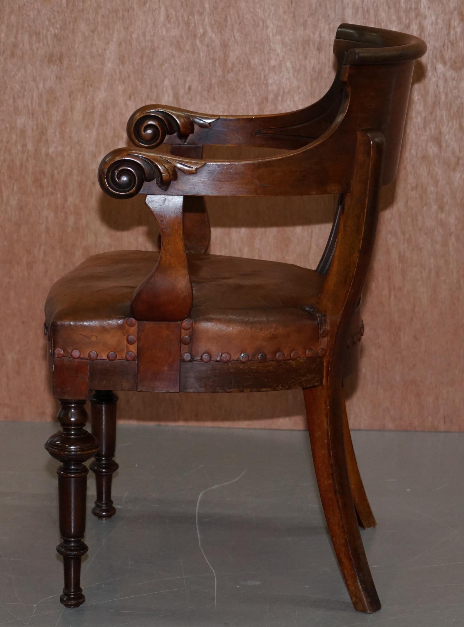 Original Early Antique Victorian Mahogany Brown Leather Captains Desk Chair 6