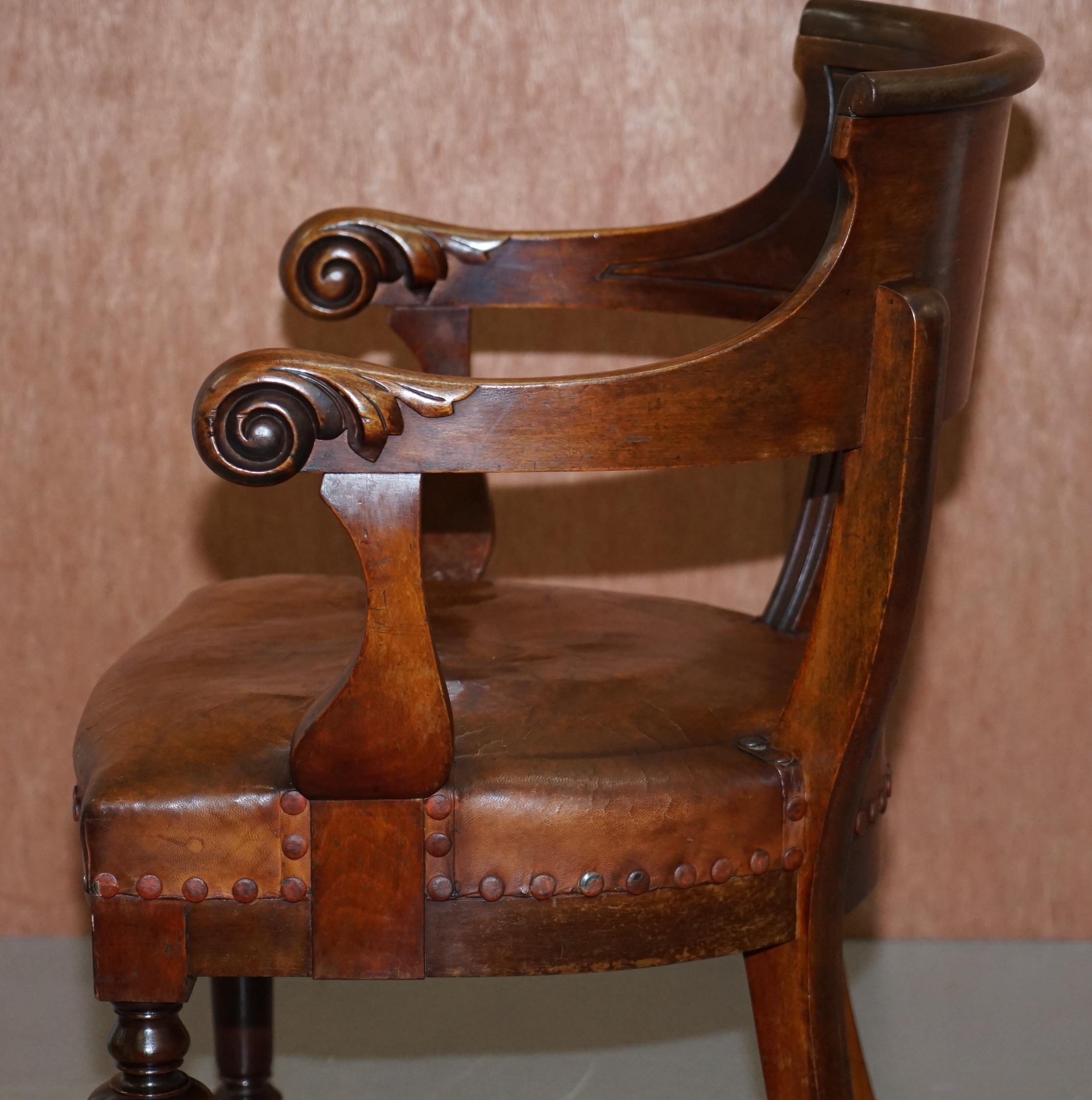 Original Early Antique Victorian Mahogany Brown Leather Captains Desk Chair 7