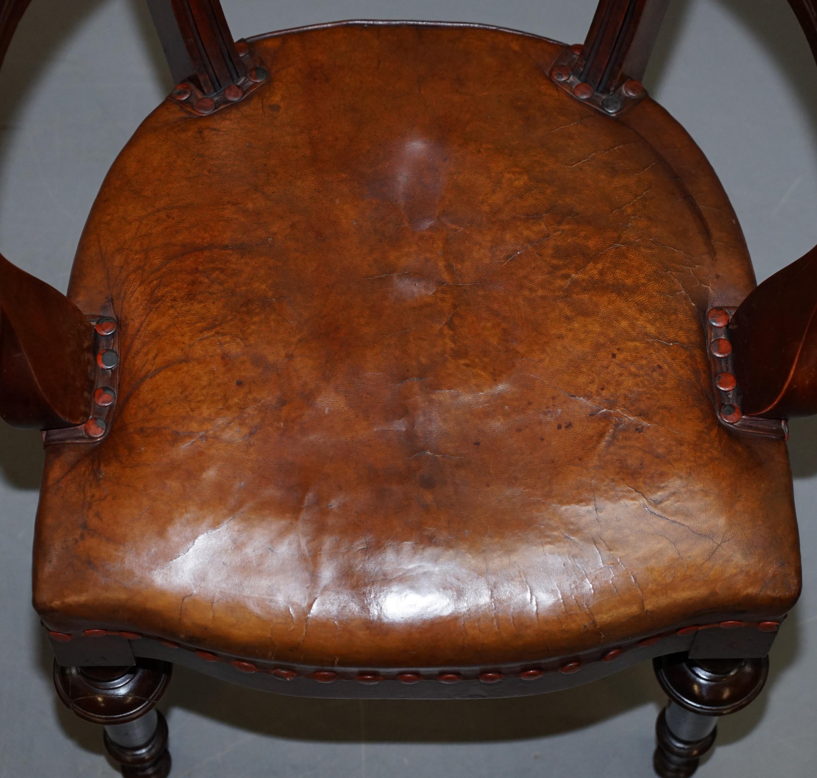 Early Victorian Original Early Antique Victorian Mahogany Brown Leather Captains Desk Chair