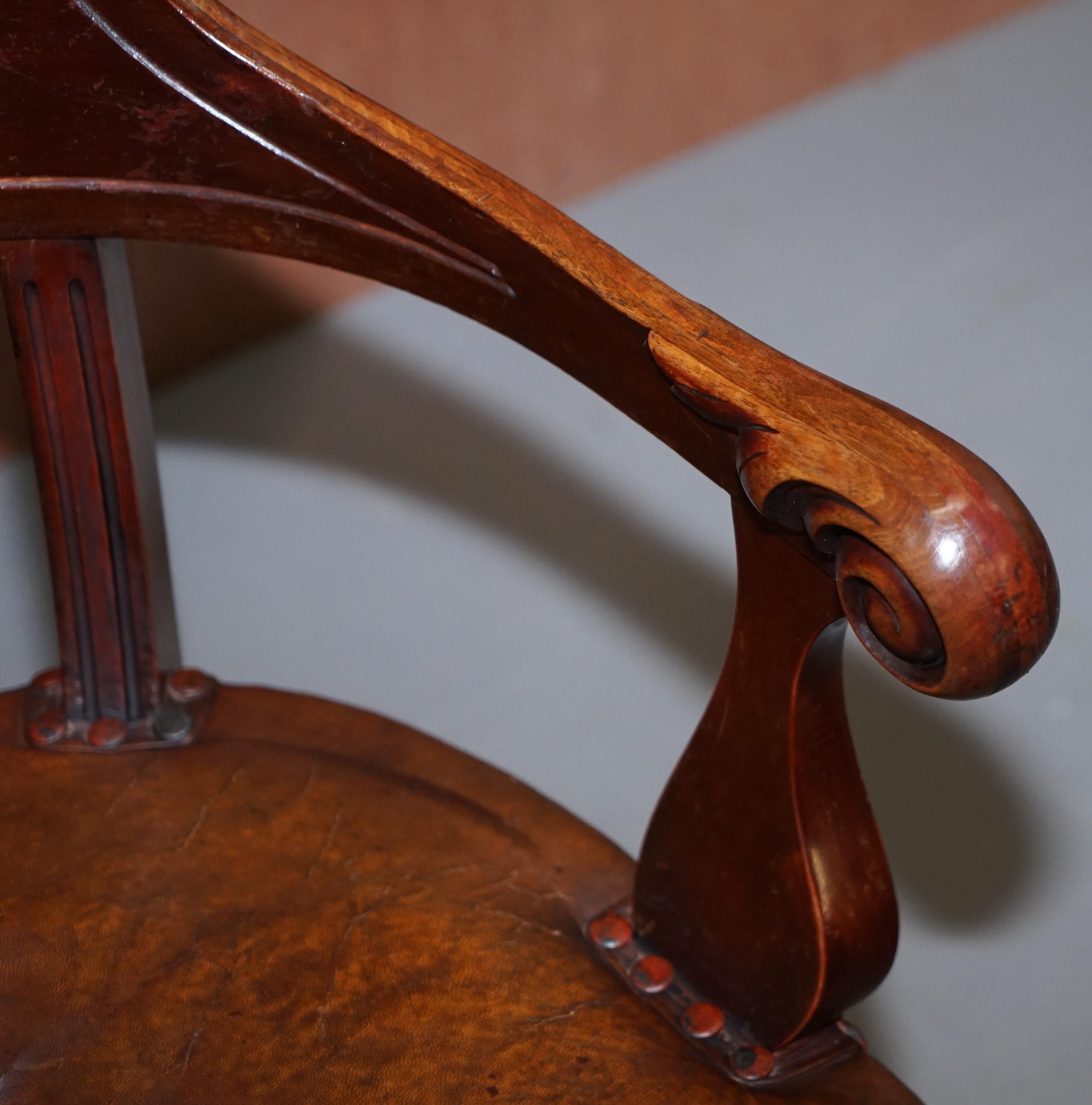 Hand-Crafted Original Early Antique Victorian Mahogany Brown Leather Captains Desk Chair