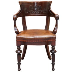 Original Early Antique Victorian Mahogany Brown Leather Captains Desk Chair