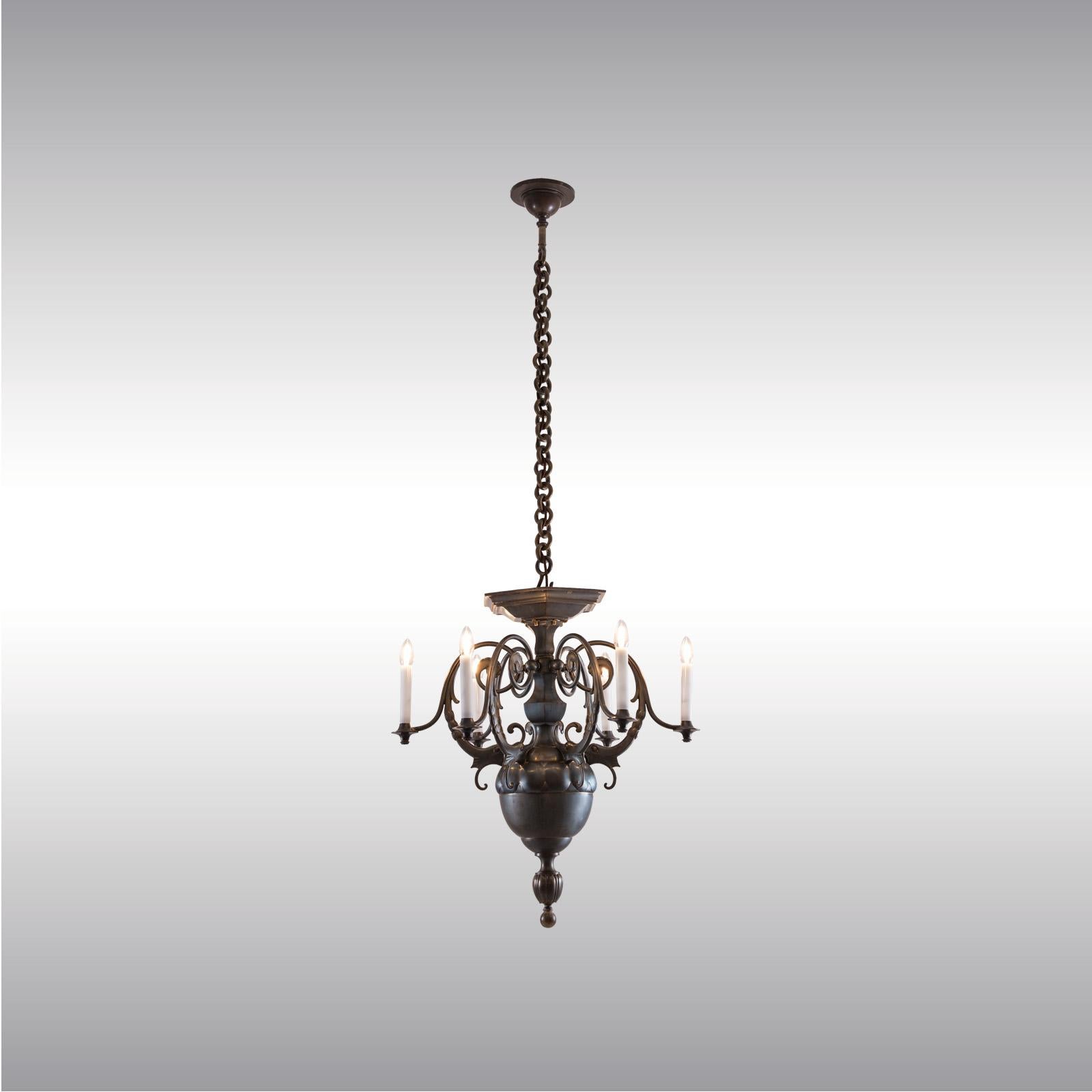 Hand-Crafted Original Early Art Deco Bronze Chandelier, 1914 20th Century For Sale
