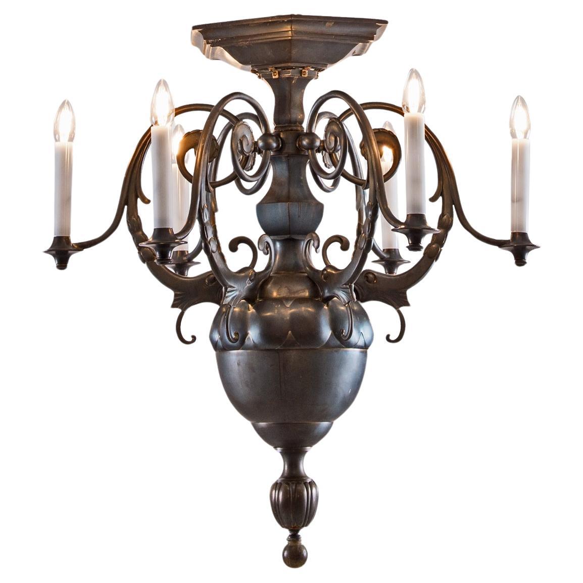 Original Early Art Deco Bronze Chandelier, 1914 20th Century For Sale