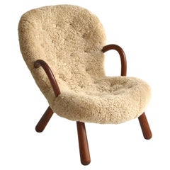 Original Early Danish Modern "Clam" Lounge Chair in Sheepskin by Arnold Madsen