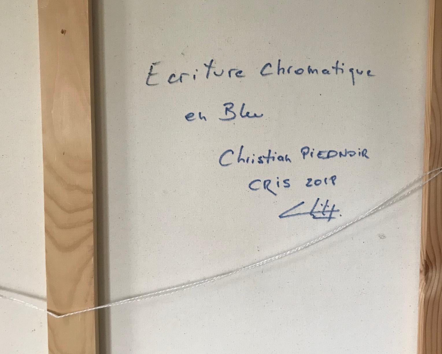 'Ecriture chromatique en bleu' is an original unique acrylic on canvas painting by Christian Piednoir painted in 2017.

In the words of the artist describing his artistic approach.

It all starts with the magic of the first brushstroke on the