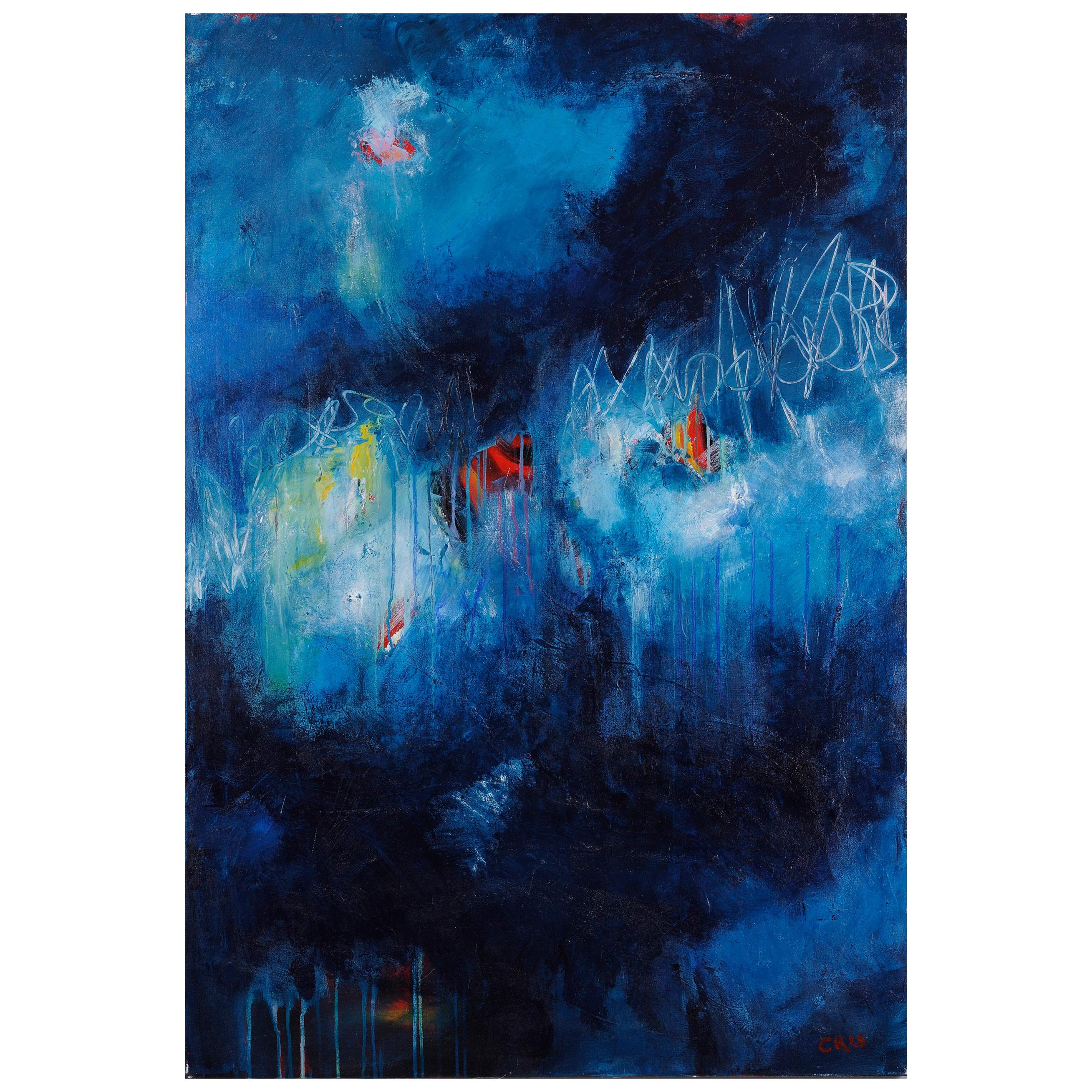 Original 'Ecriture chromatique en bleu' Abstract Painting by Christian Piednoir For Sale