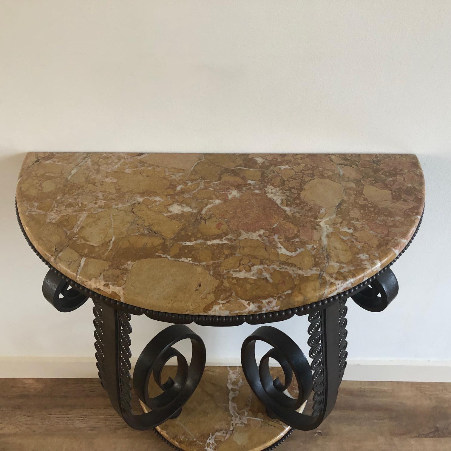 French Original Edgar Brandt Jugendstil Console Table Marble and Wrought Iron, 1930s