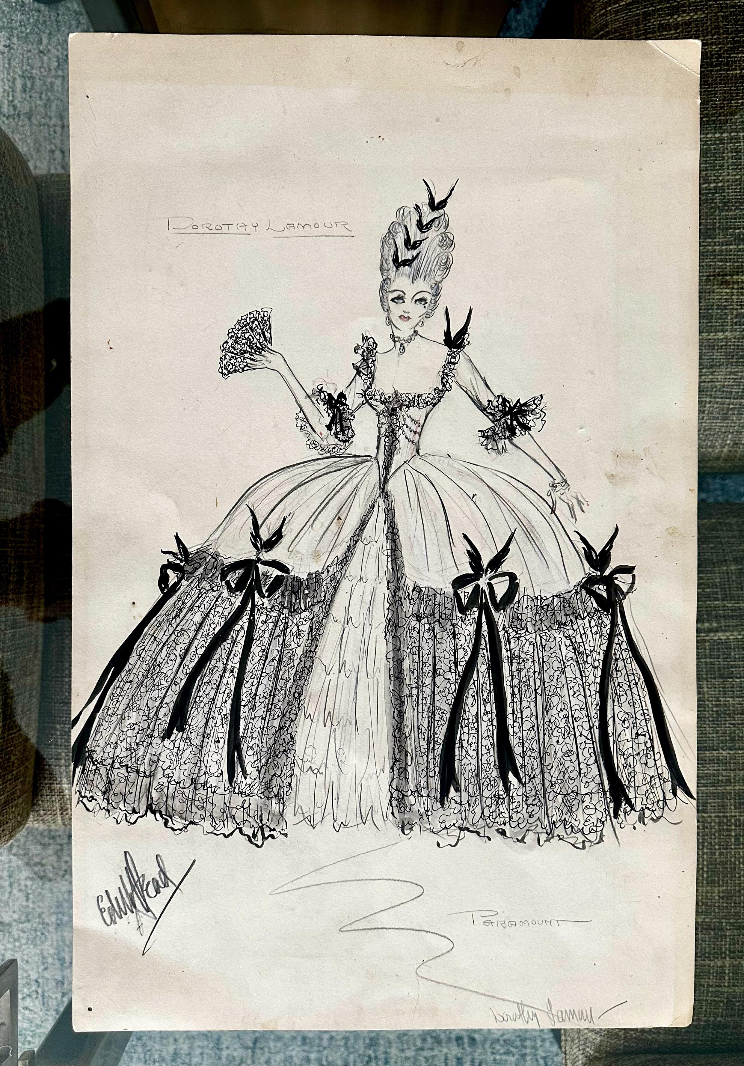 Unique and rare opportunity to own an original mixed medium costume sketch drawn by the famous costume designer Edith Head, at Paramount Studios. The drawing was done for Dorothy Lamour and is one of her earliest design sketches circa early 1940s.