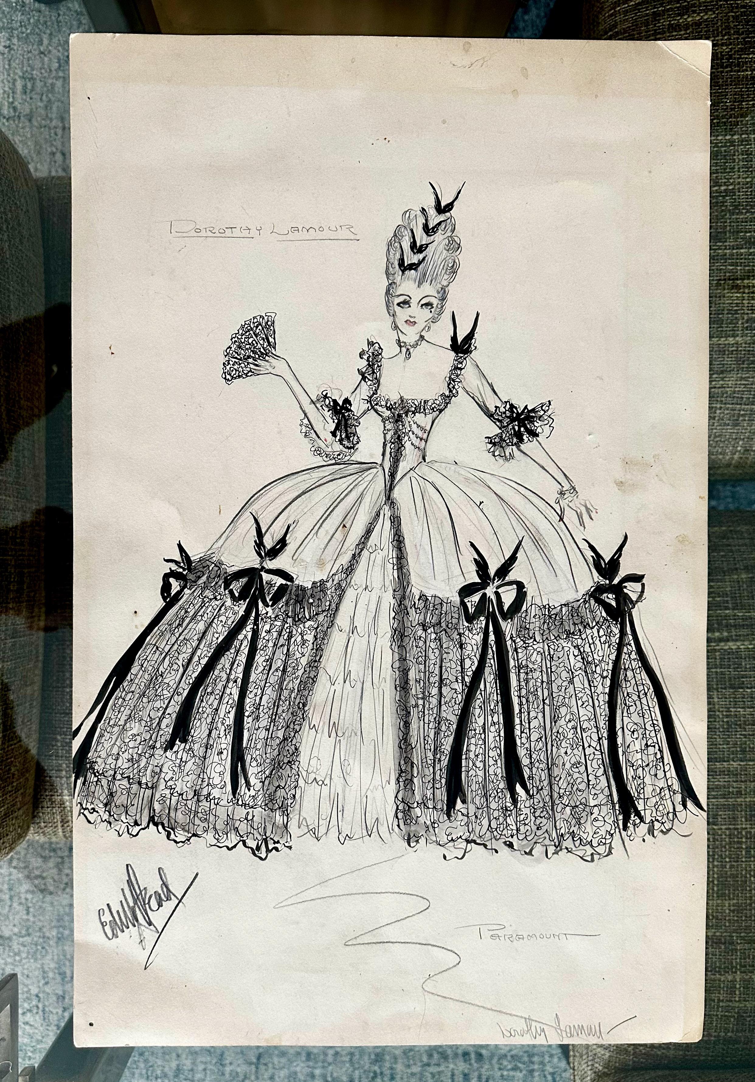 Oportunidad única y rara de poseer un boceto original de vestuario mixto dibujado por la famosa diseñadora de vestuario Edith Head, en los Estudios Paramount. El dibujo se hizo para Dorothy Lamour y es uno de sus primeros bocetos de diseño, de