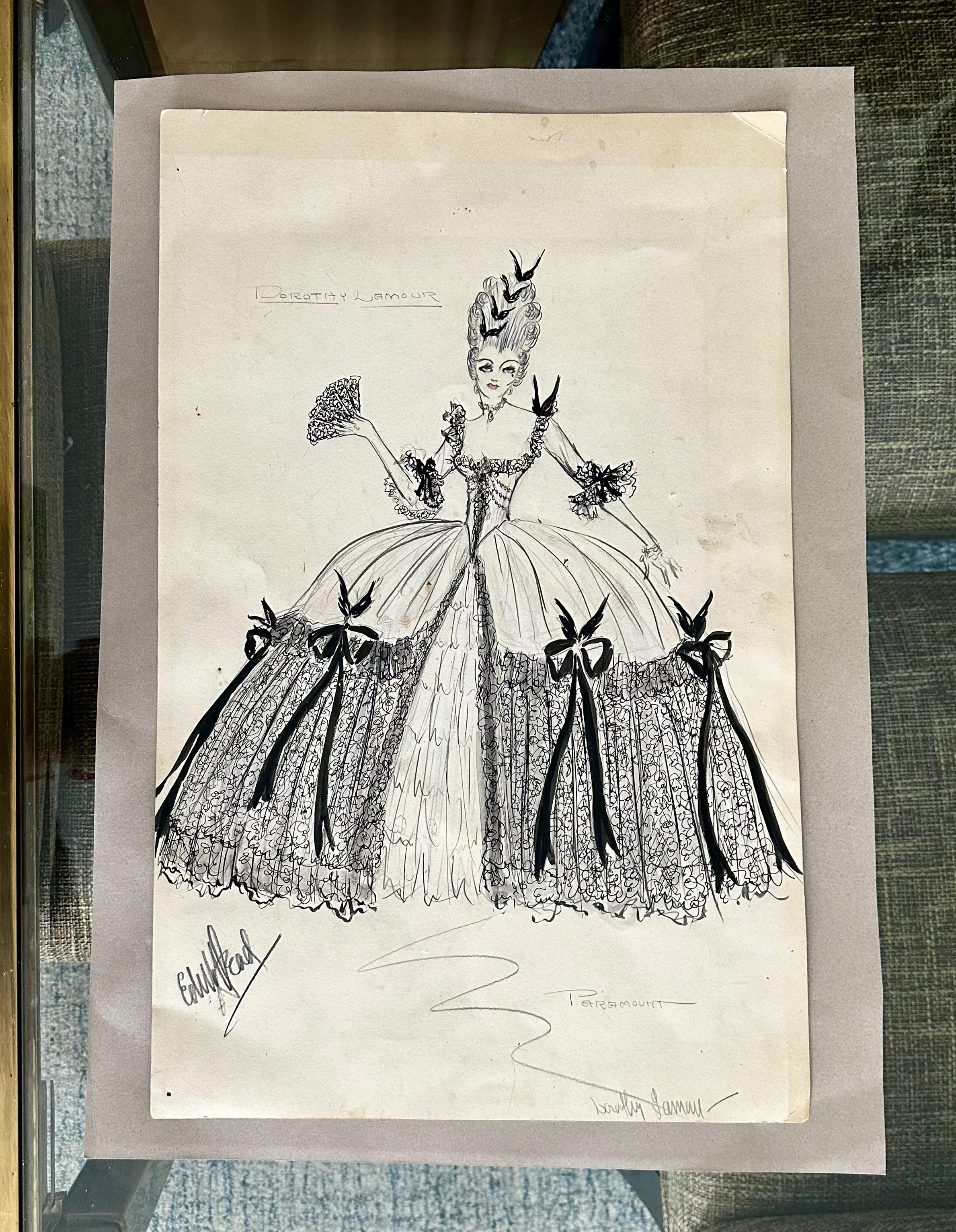 American Original Edith Head 1940s Sketch Dorothy Lamour Paramount For Sale