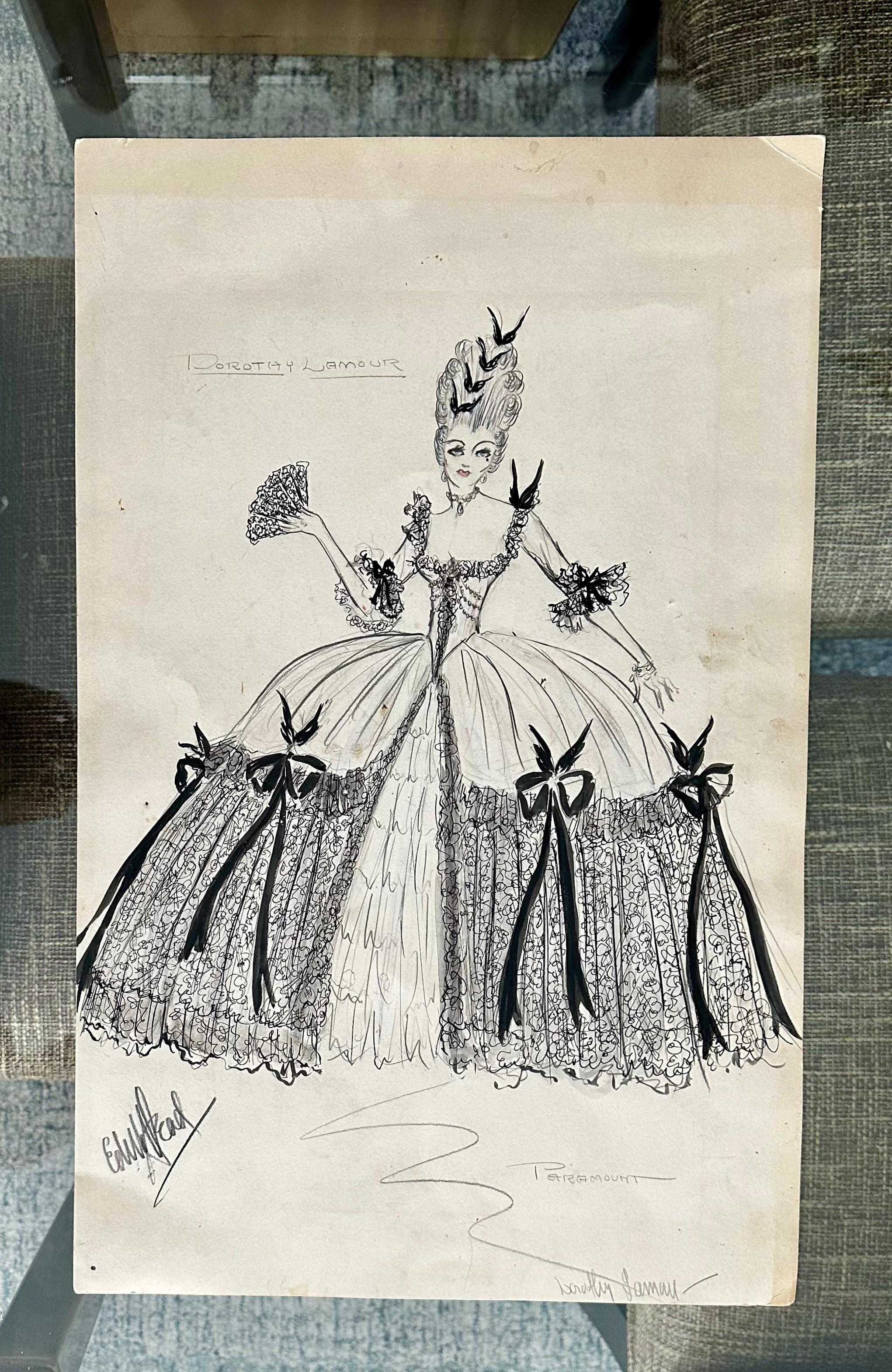 Boceto original Edith Head 1940s Dorothy Lamour Paramount Estadounidense en venta