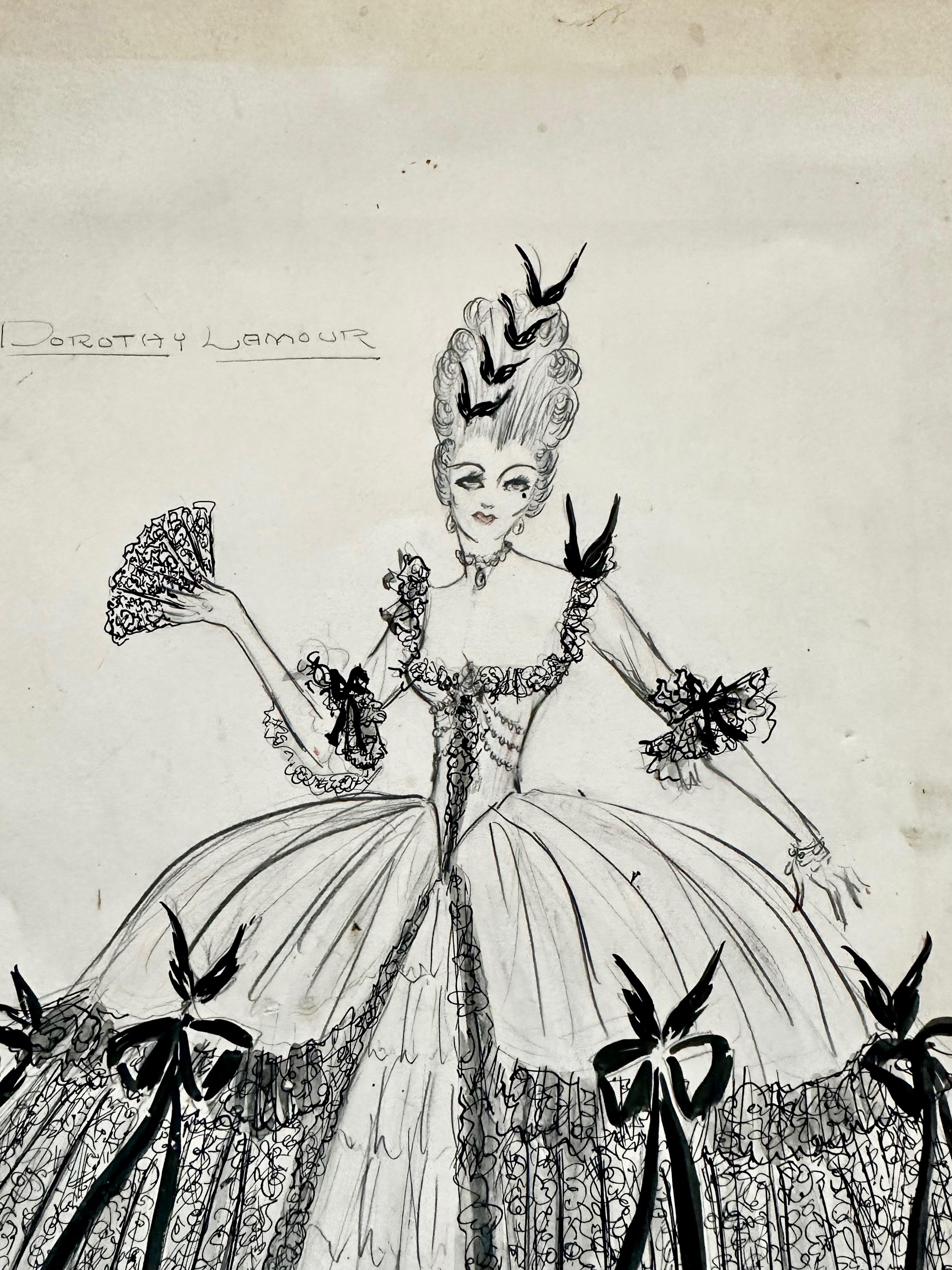 Boceto original Edith Head 1940s Dorothy Lamour Paramount en Bueno estado para la venta en Palm Springs, CA